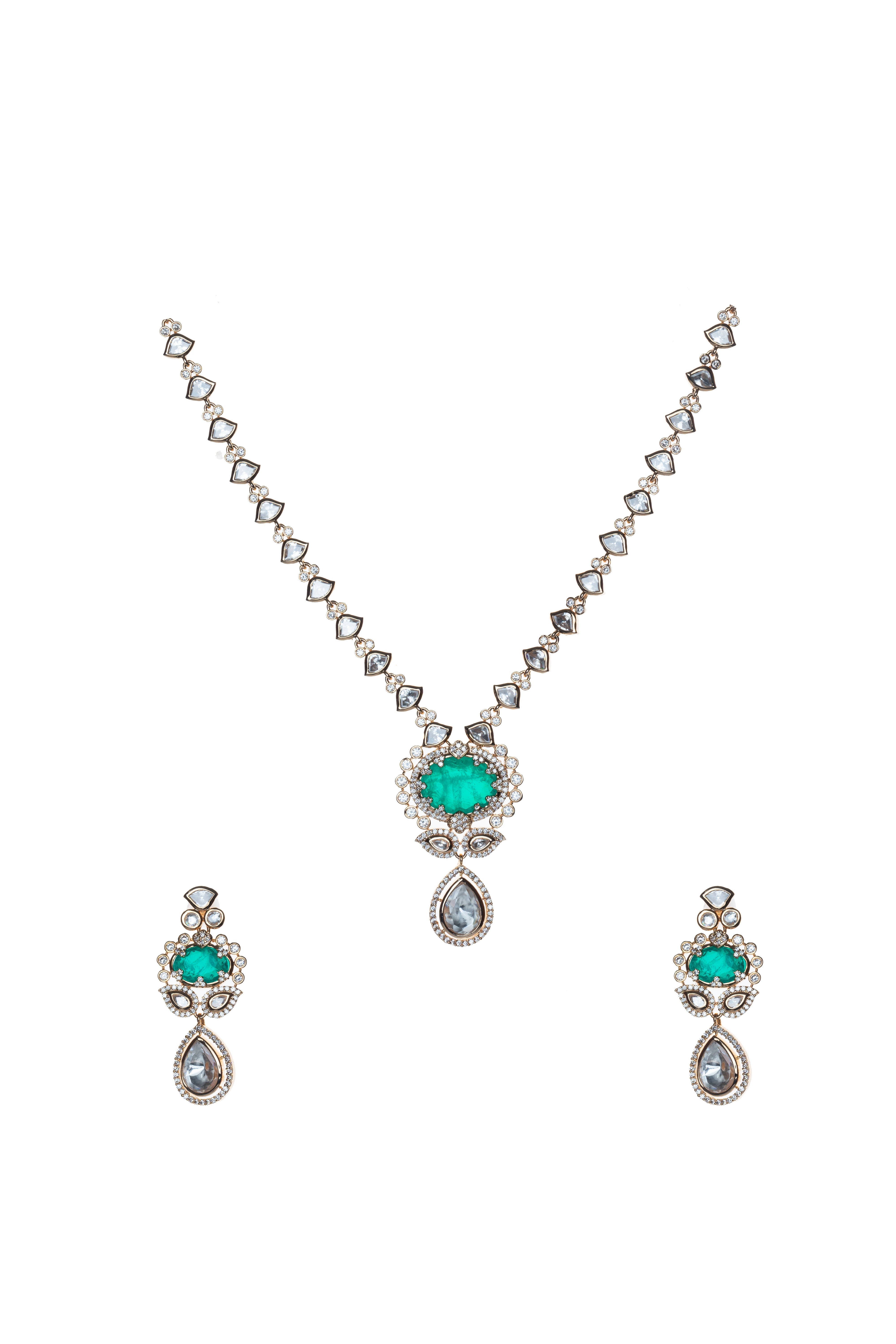 CY Gold Finish Synthetic Emerald Stone, White Uncut Zircons Pendant Necklace Set
