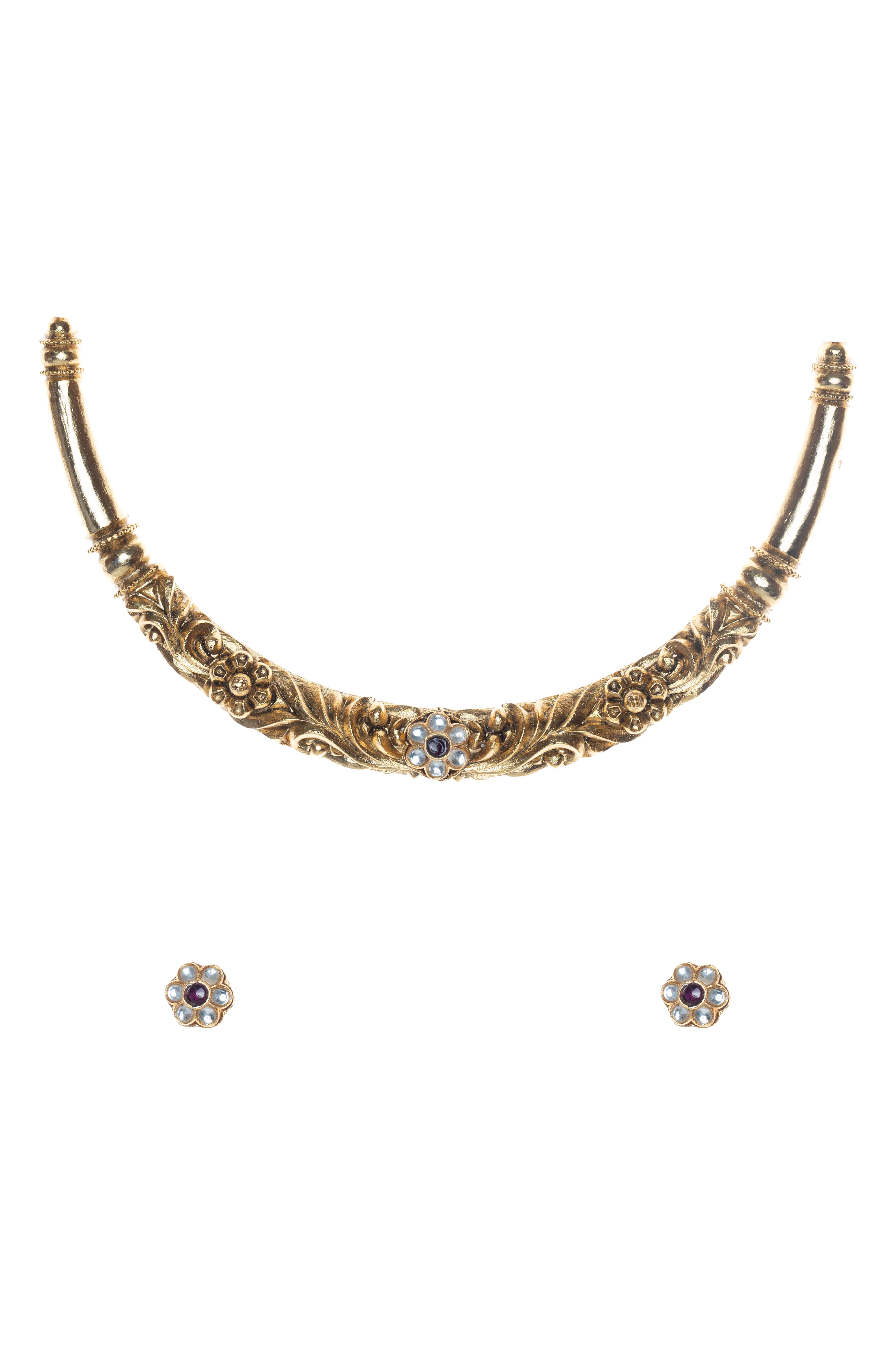 CY Gold Finish Synthetic Ruby & Uncut Zircons Choker Necklace Set