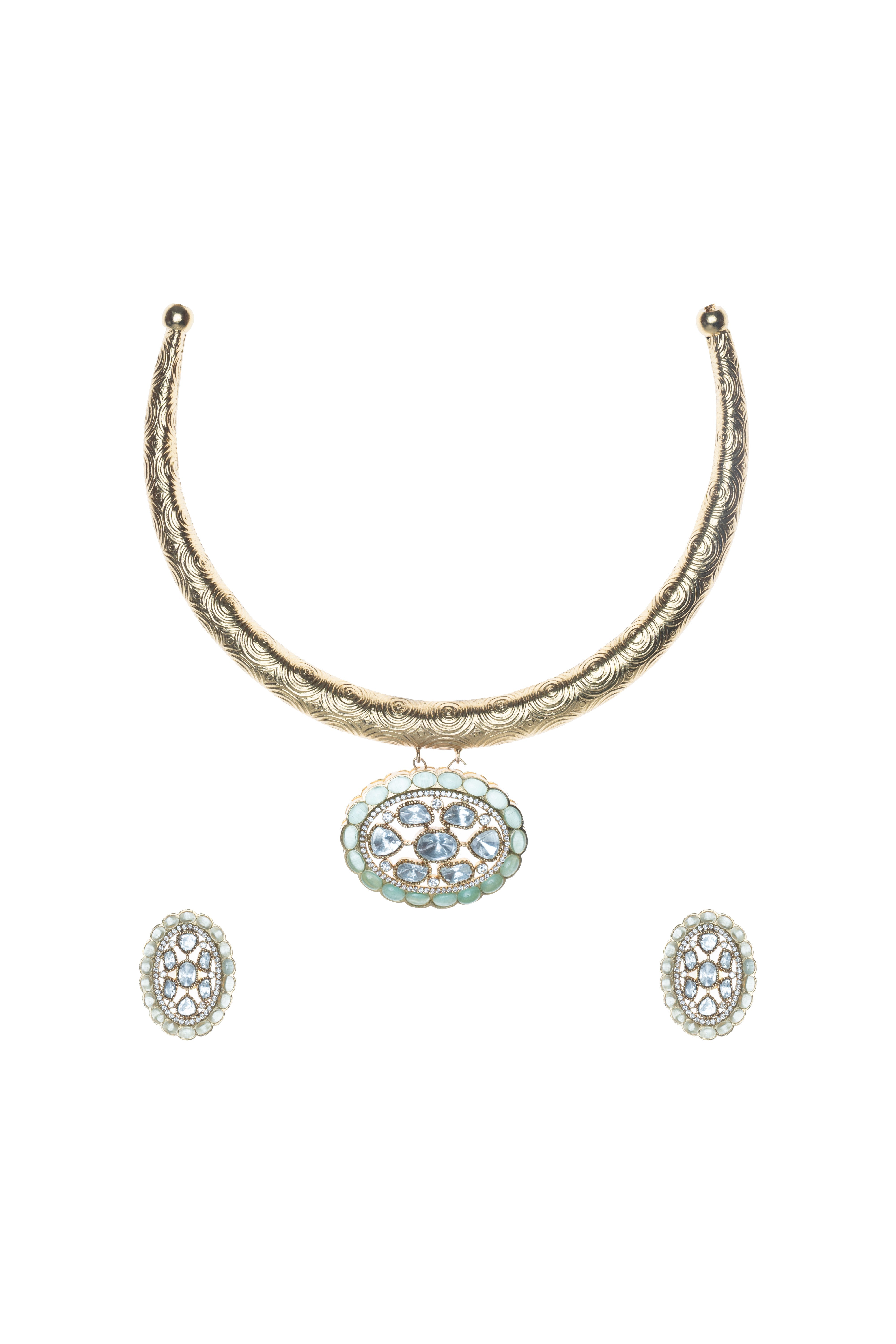CY Gold Finish Uncut Zircon & Synthetic Mint Green Stone Choker Necklace Set