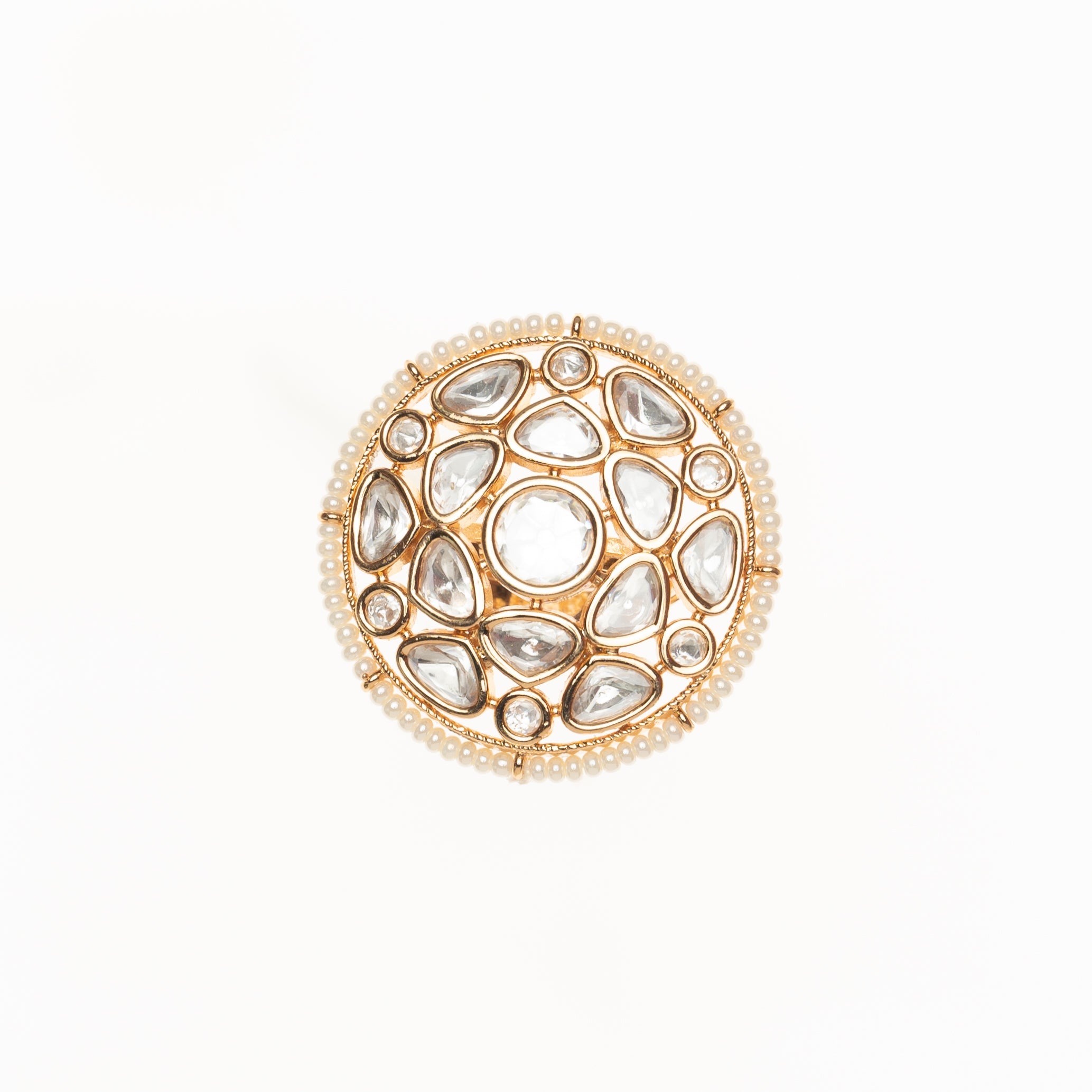 CY Gold Finish Uncut Zircons & Pearls Ring