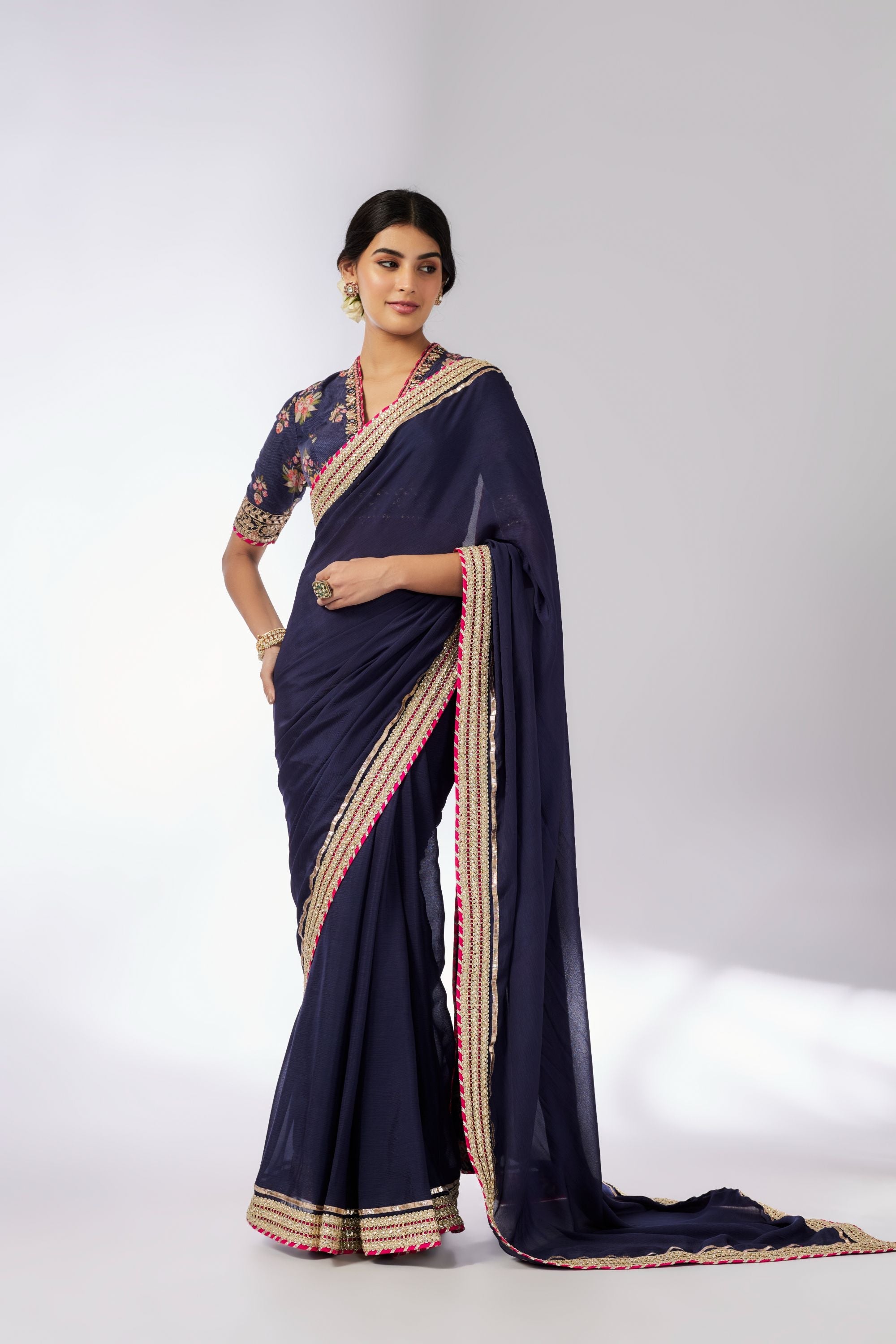 CY Gopi Vaid Anisha Navy Saree Set Front 1