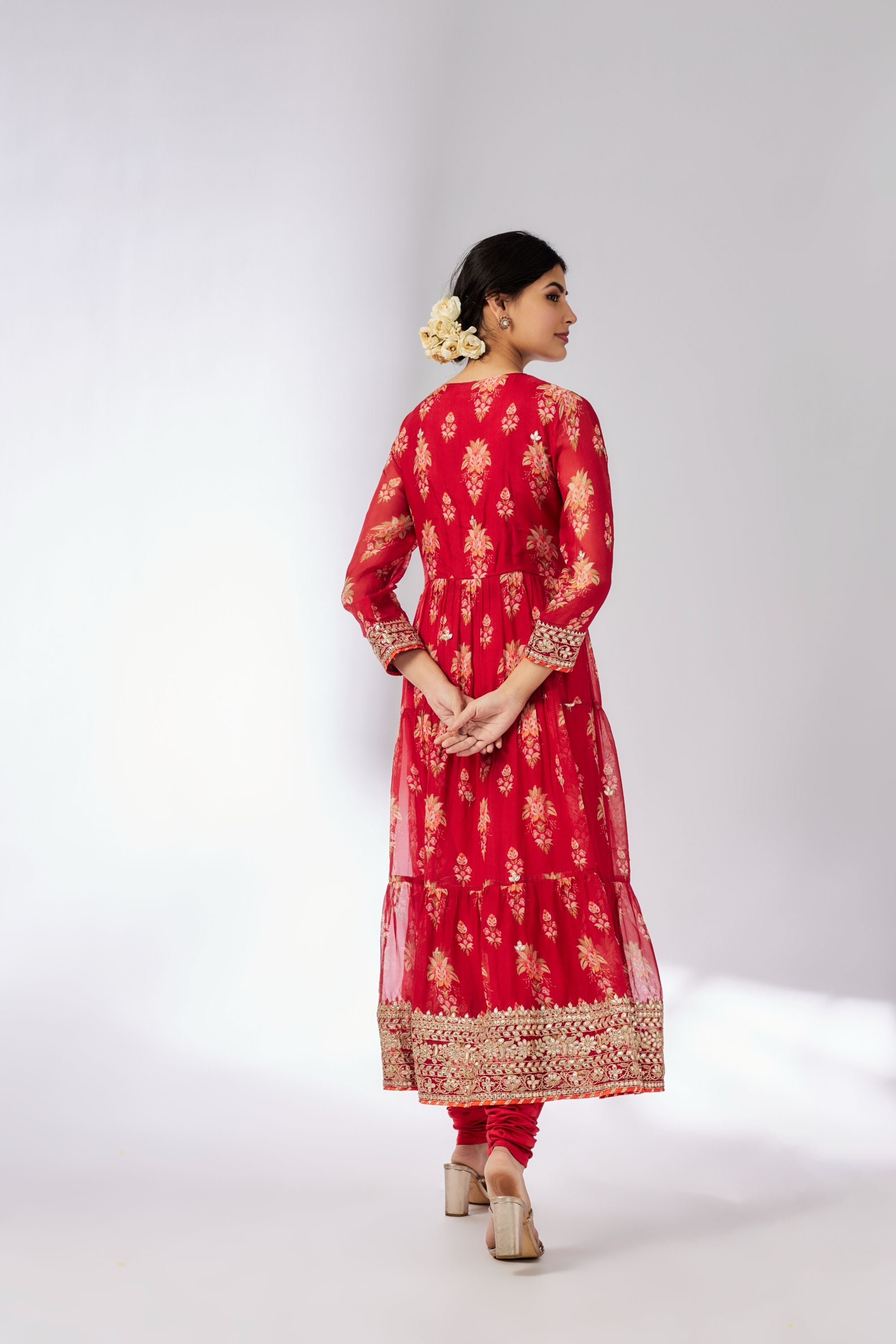 CY Gopi Vaid Joshna Tiered Red Anarkali Set Back 1