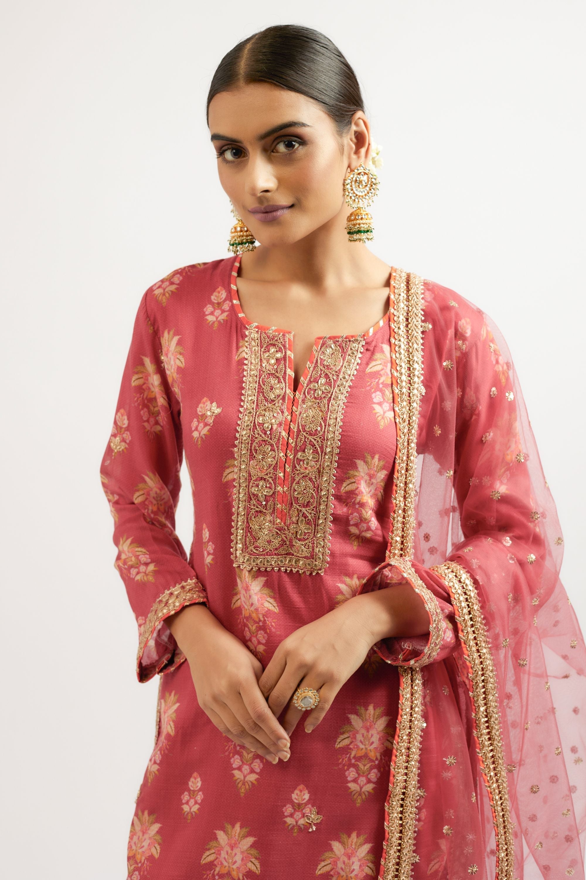 CY Gopi Vaid Moulika Red Dhoti Set Closeup 1