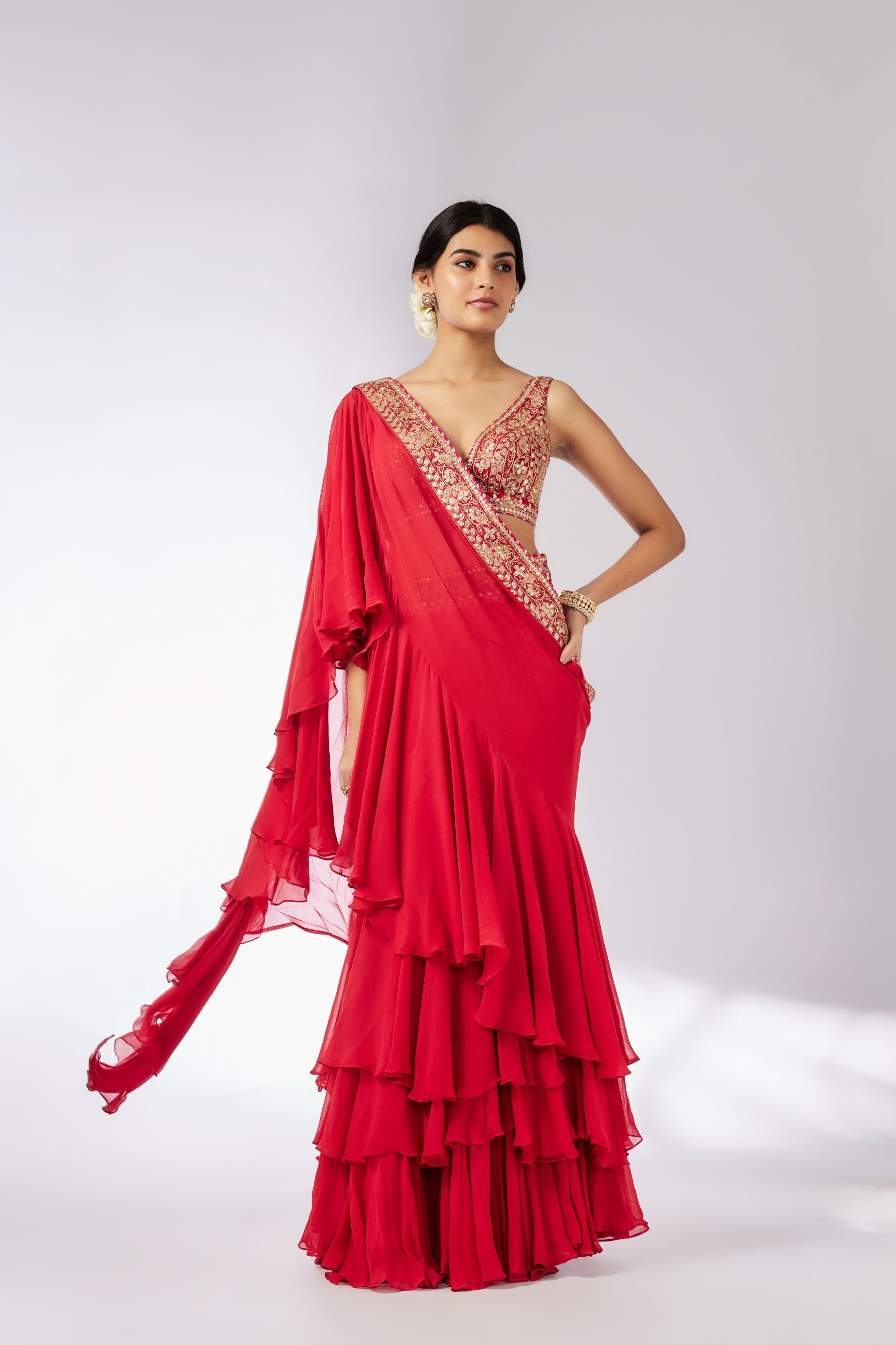 CY Gopi Vaid Shifa Red Saree Set Front 1