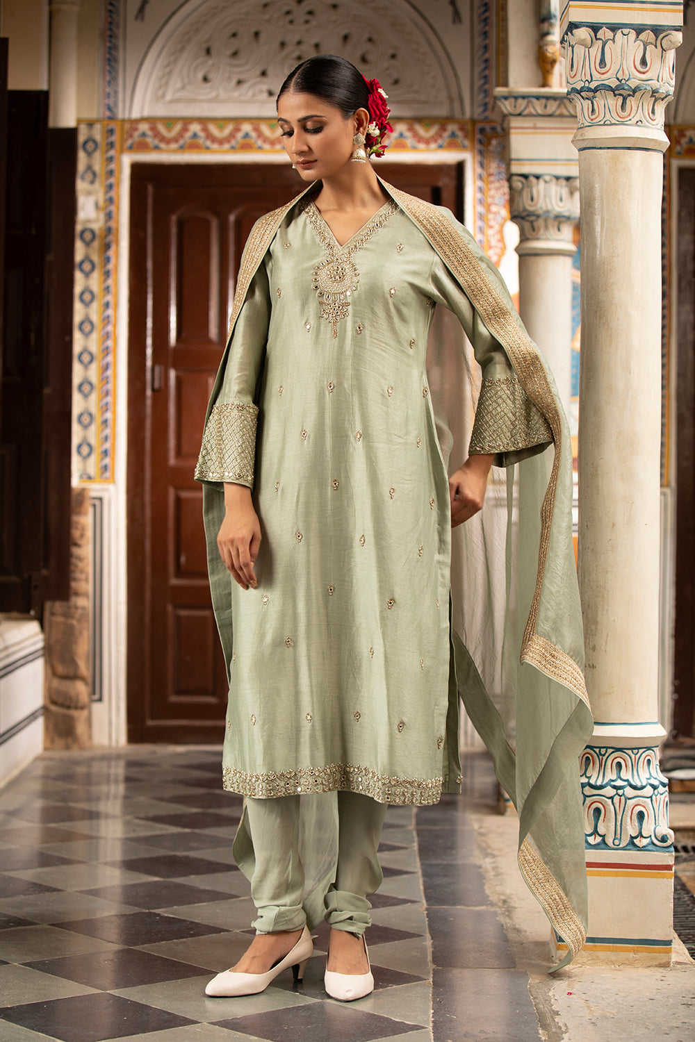 Green Kurta Set With Churidar And Dupatta