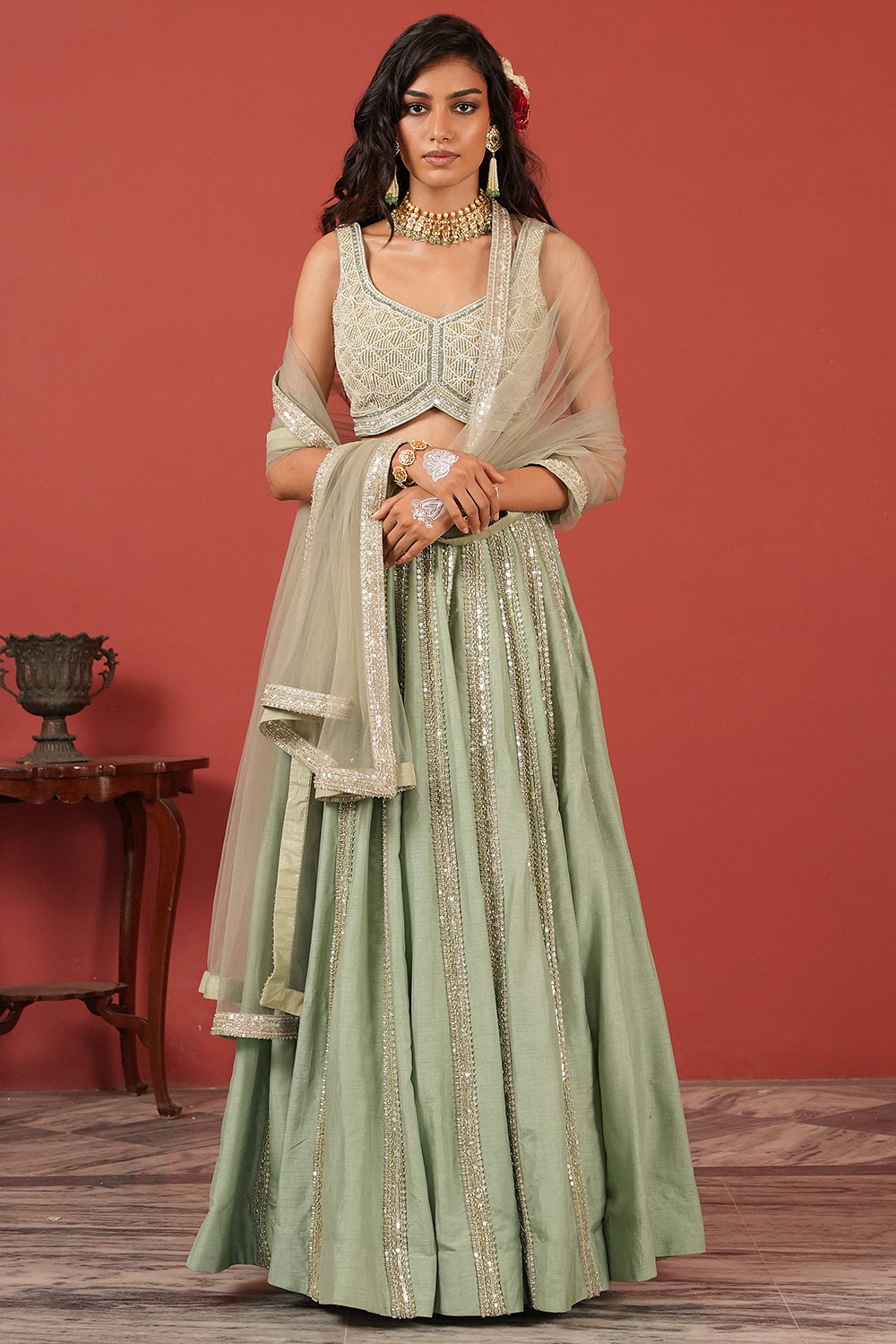 Green handcrafted lehenga set