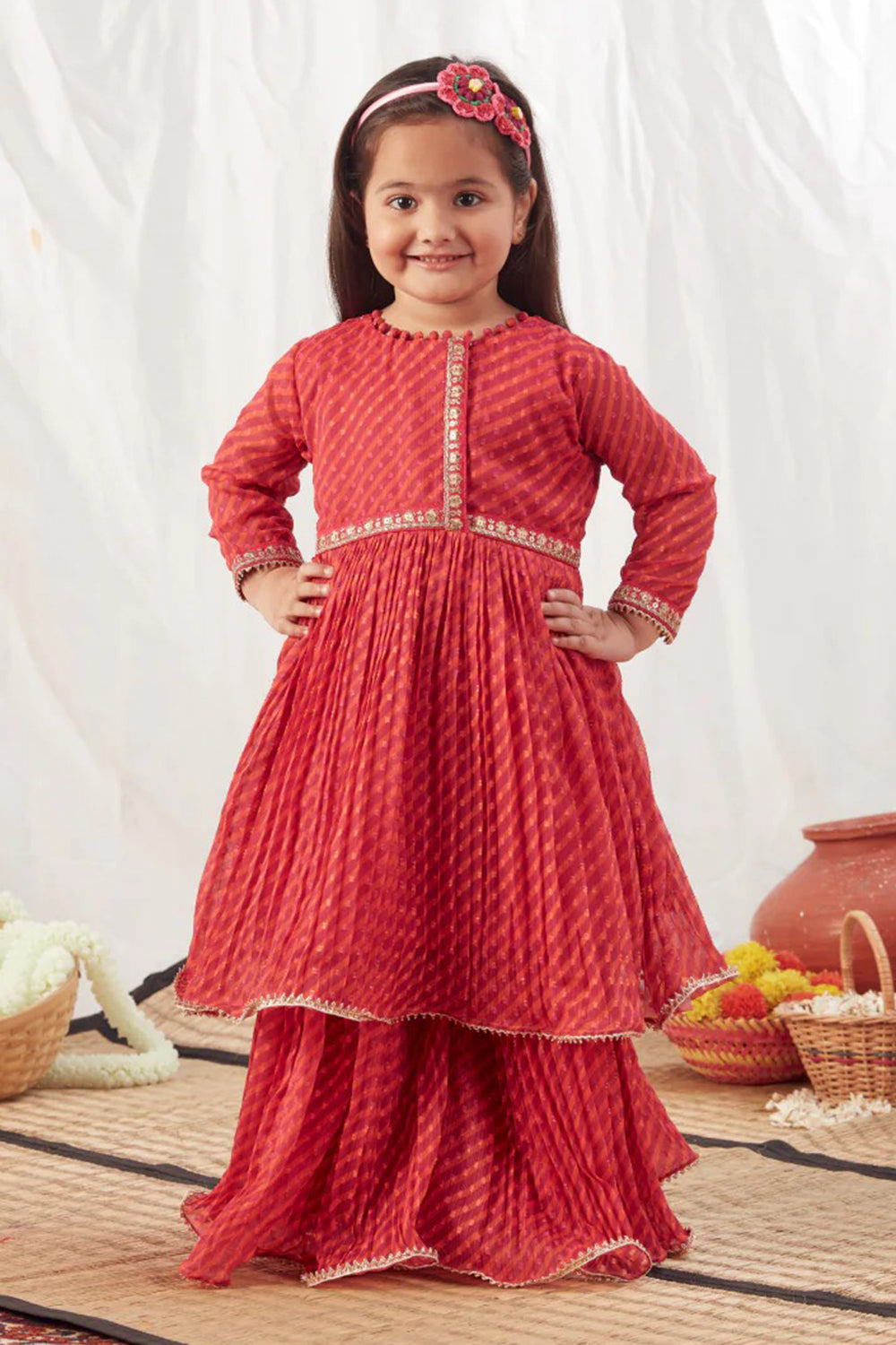 RED LEHERIYA PEPLUM LEHENGA SET