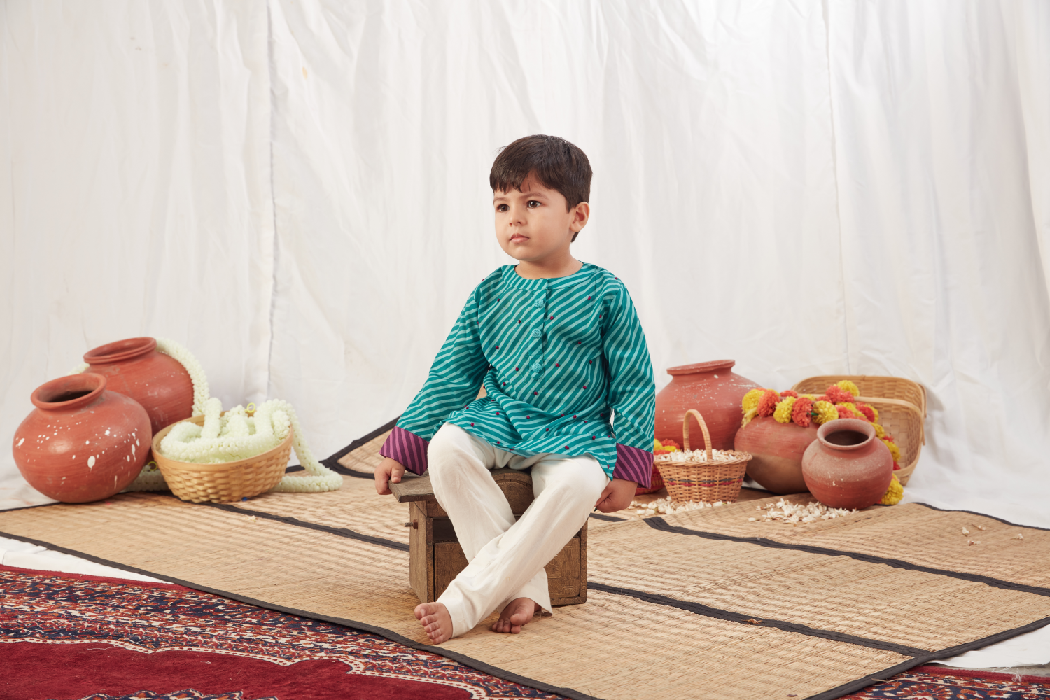 TURQUOISE LEHERIYA SHORT KURTA SET