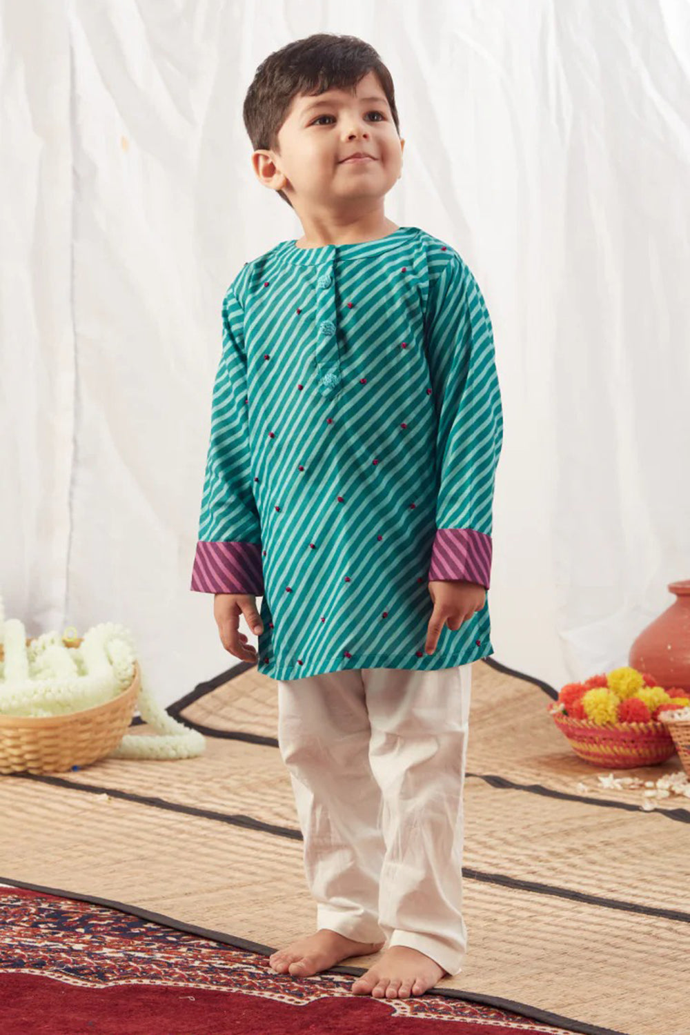 TURQUOISE LEHERIYA SHORT KURTA SET