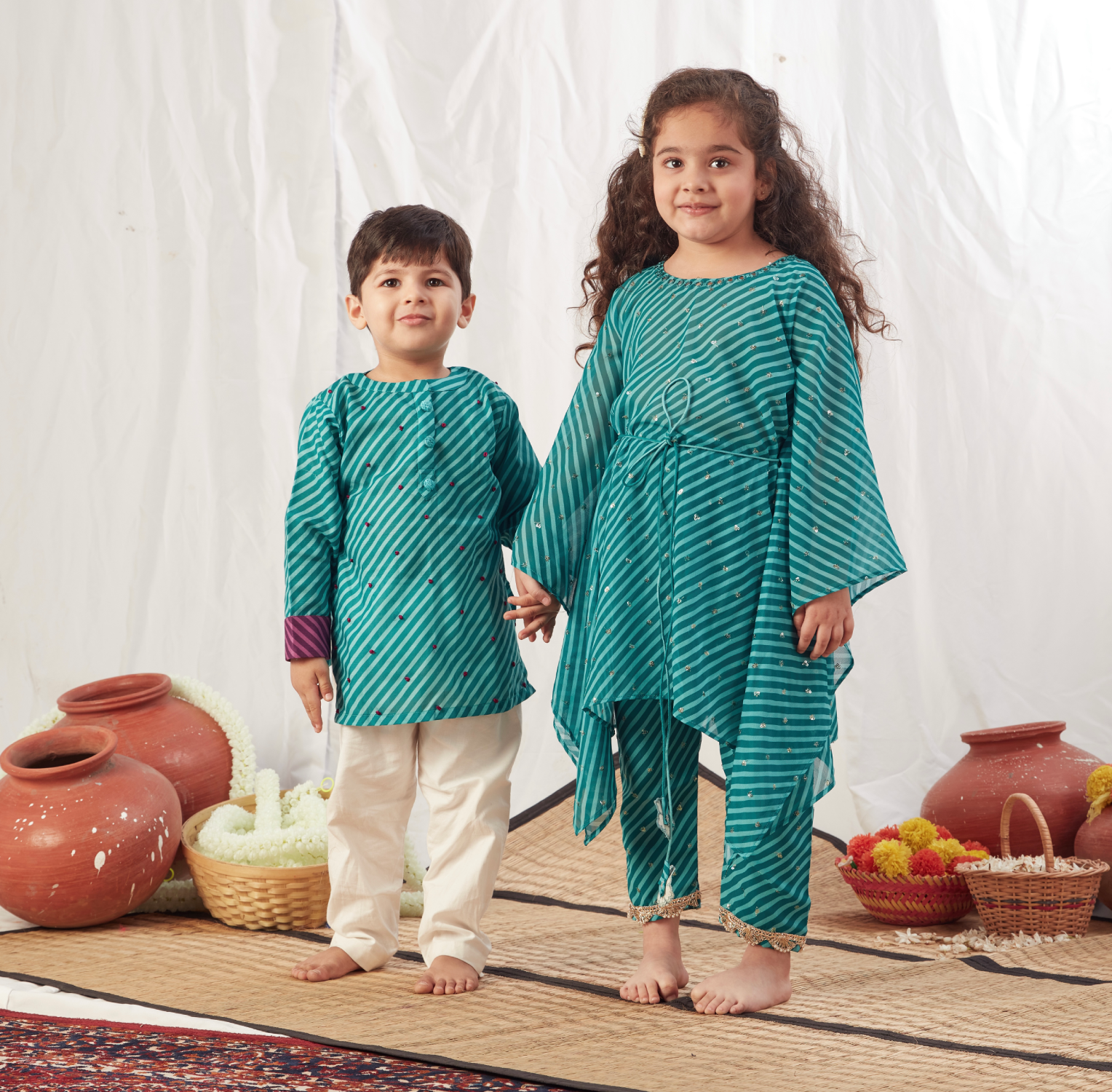 TURQUOISE LEHERIYA SHORT KURTA SET