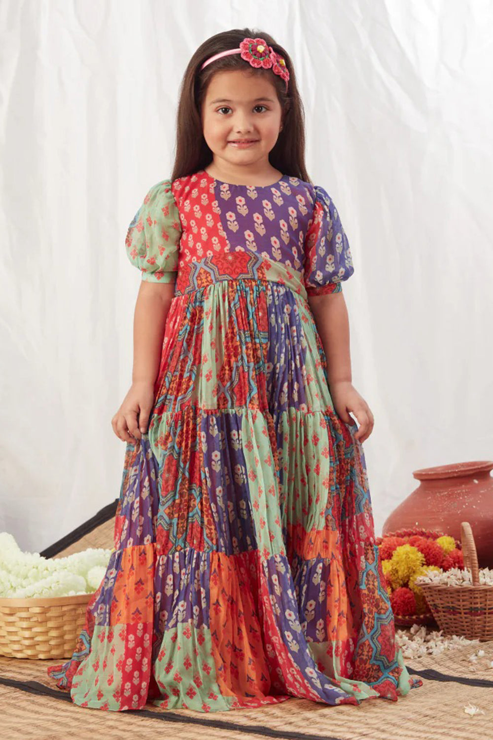 BLOCK PRINT MULTICOLOUR FLOWY DRESS