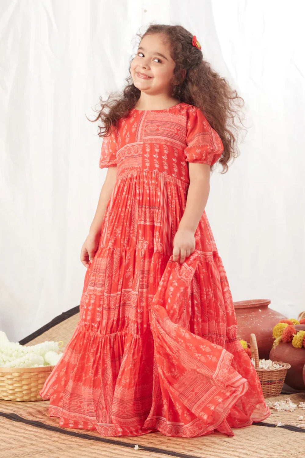 RED BLOCK PRINT LONG FLOWY DRESS
