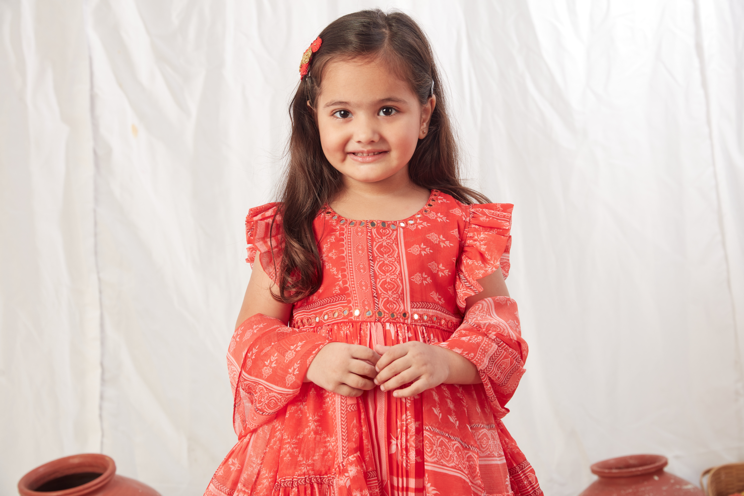 RED BLOCK PRINT PEPLUM LEHENGA SET