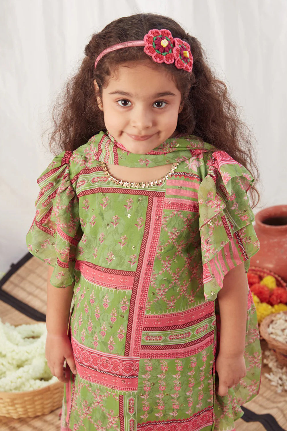 GREEN BLOCK PRINT SHARARA SET