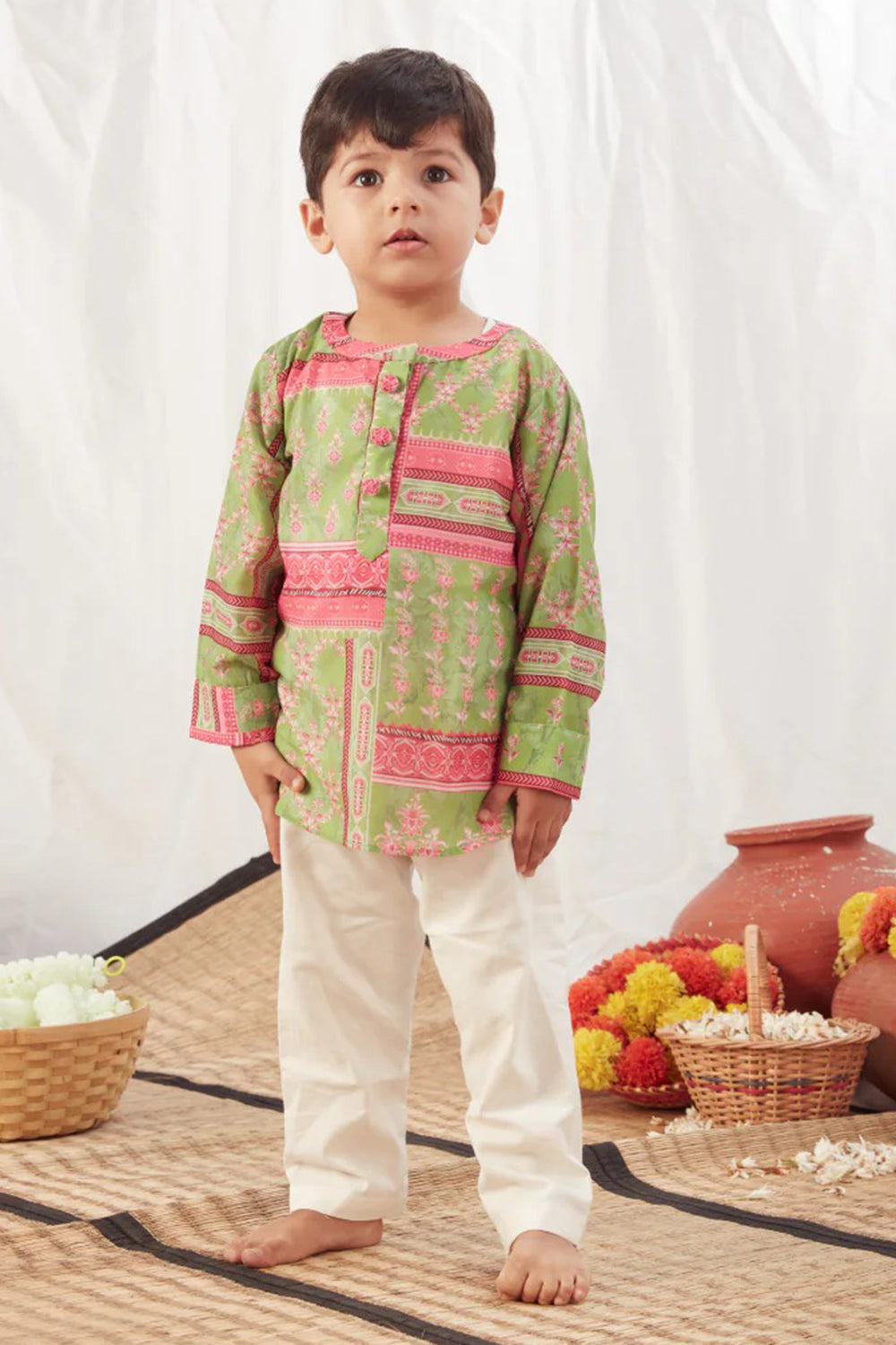 GREEN BLOCK PRINT SHORT KURTA SET