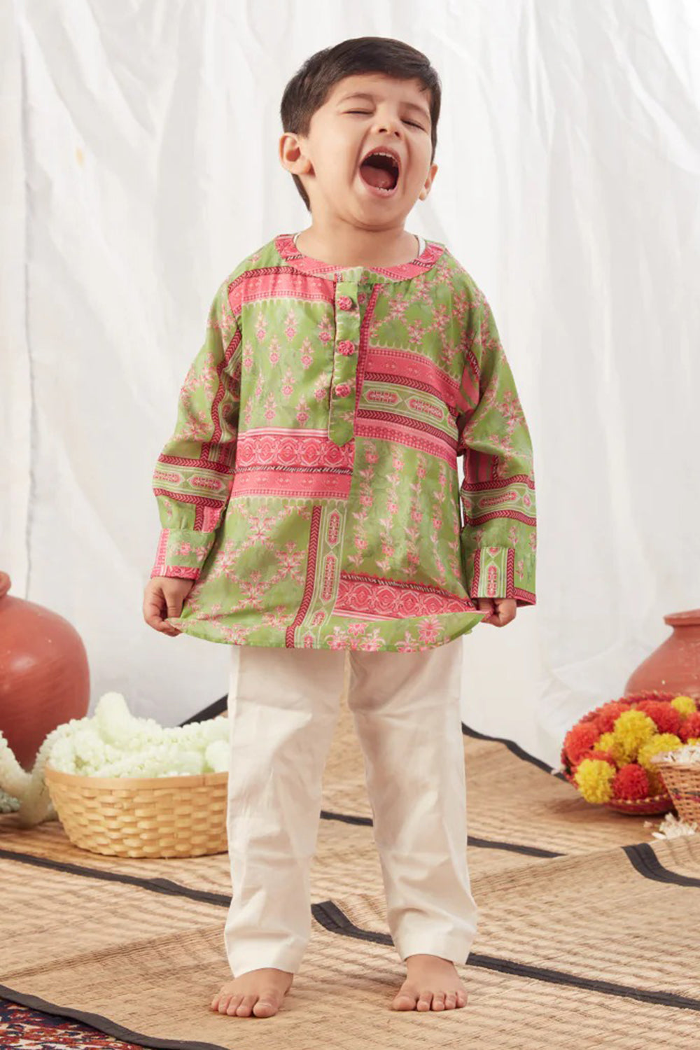 GREEN BLOCK PRINT SHORT KURTA SET