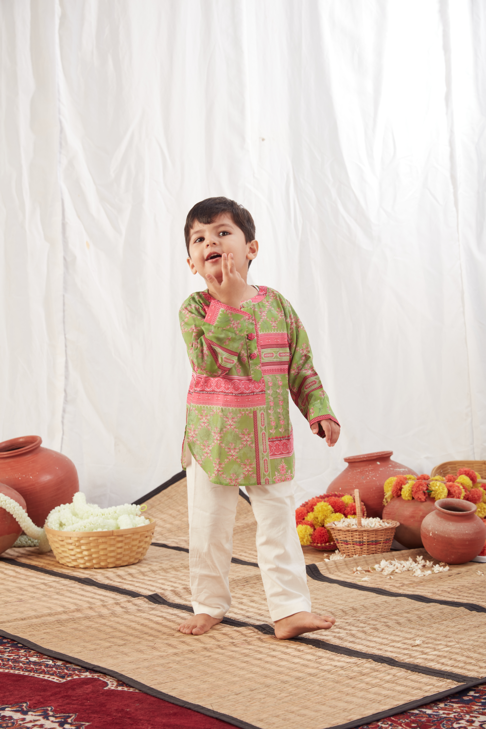 GREEN BLOCK PRINT SHORT KURTA SET