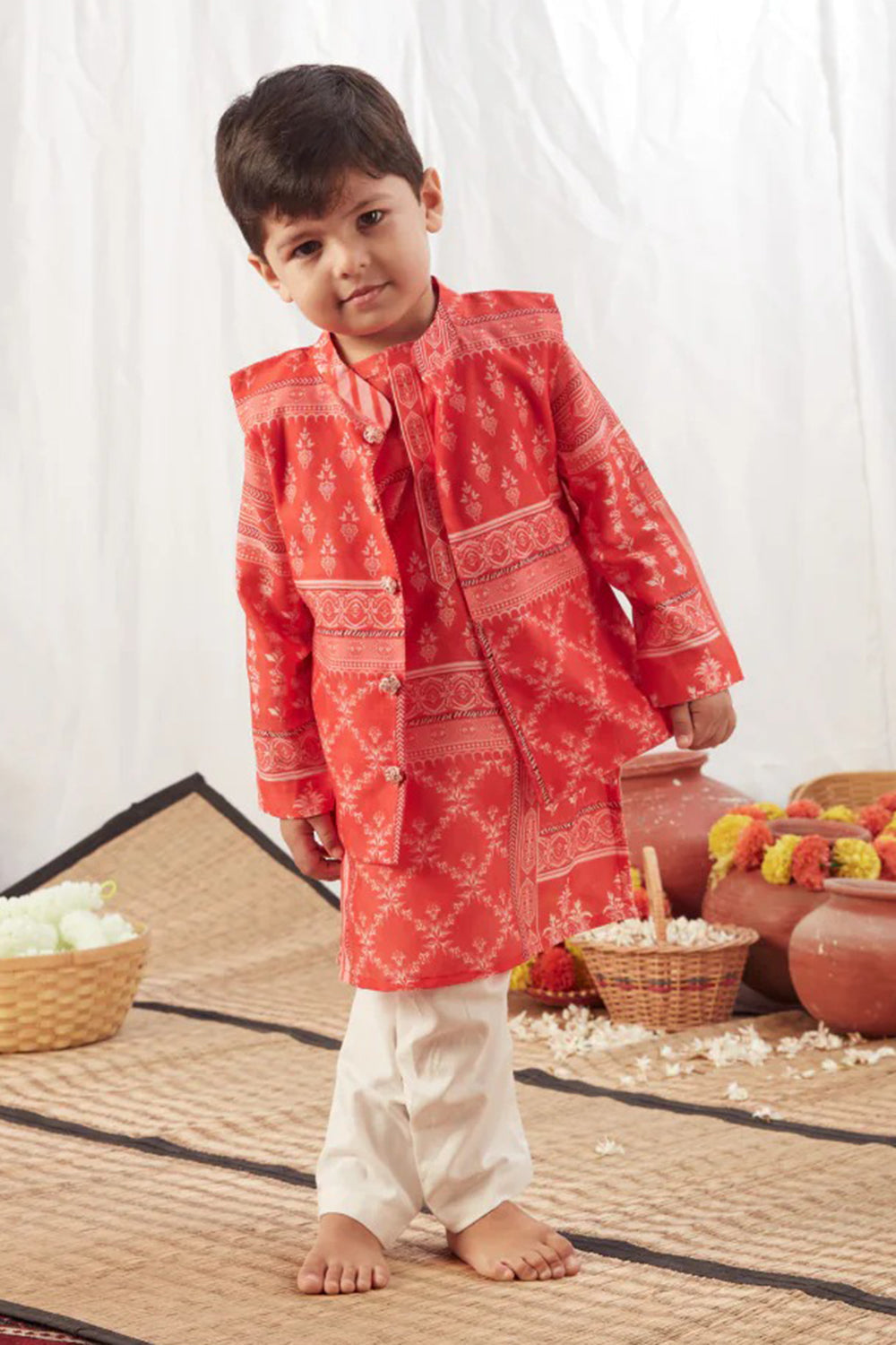 RED BLOCK PRINT KURTA BANDI SET