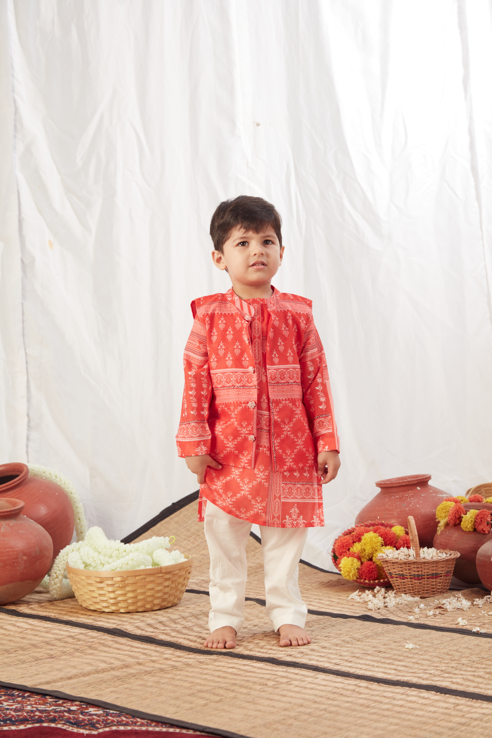 RED BLOCK PRINT KURTA BANDI SET