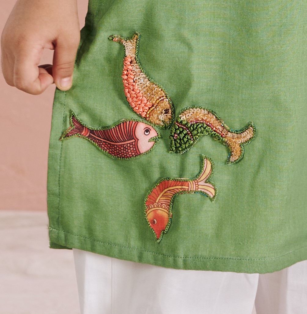 GREEN FISH KURTA SET
