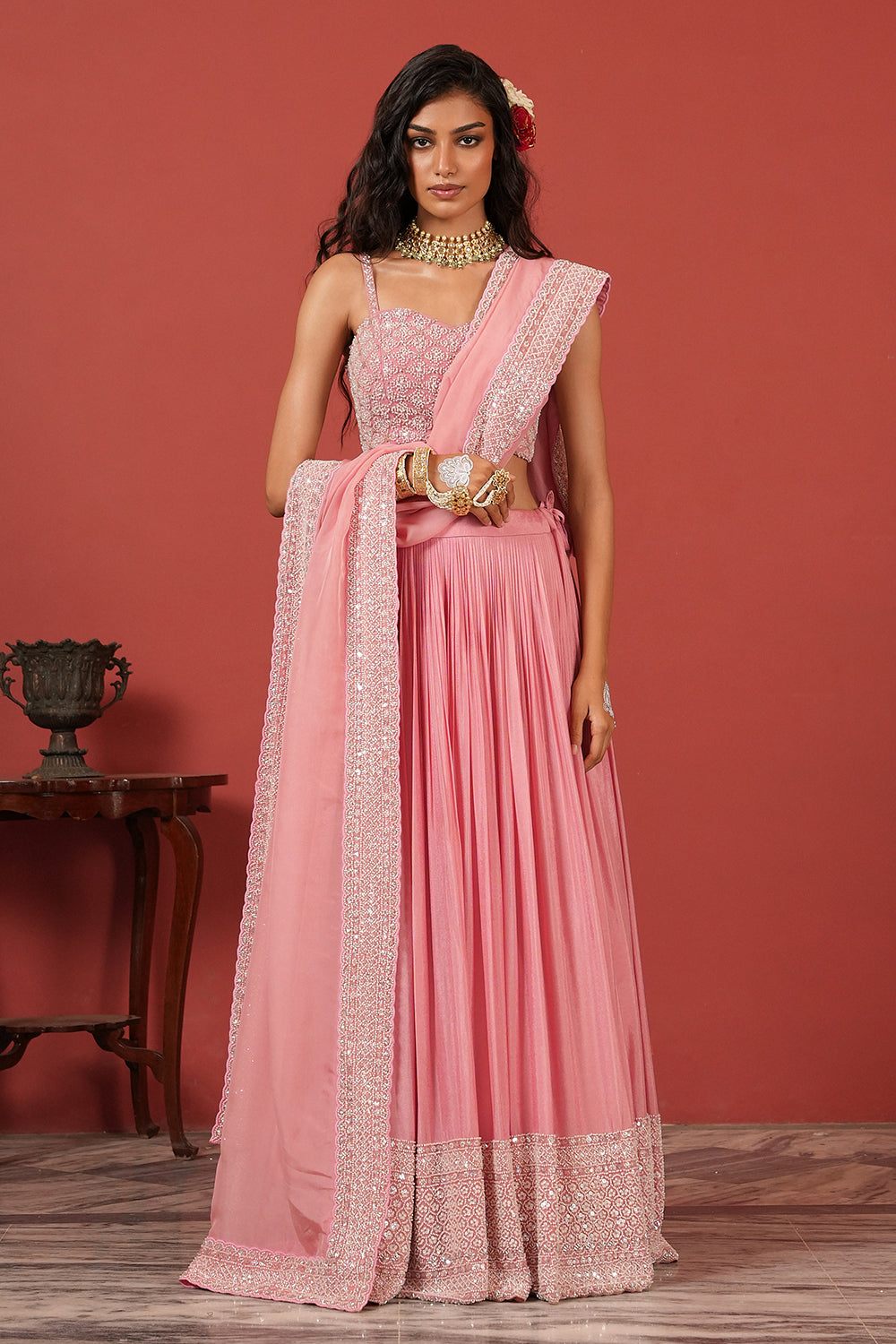 Hand-Embroidered Bustier Lehenga Set