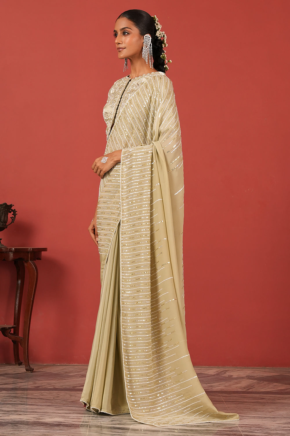 Hand-Embroidered Cutwork Blouse with Sequin Saree Set