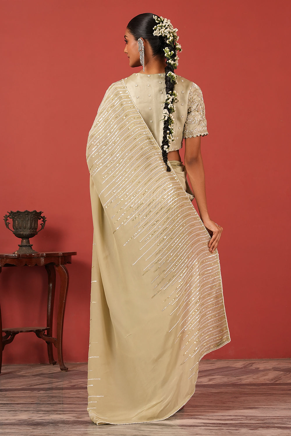 Hand-Embroidered Cutwork Blouse with Sequin Saree Set