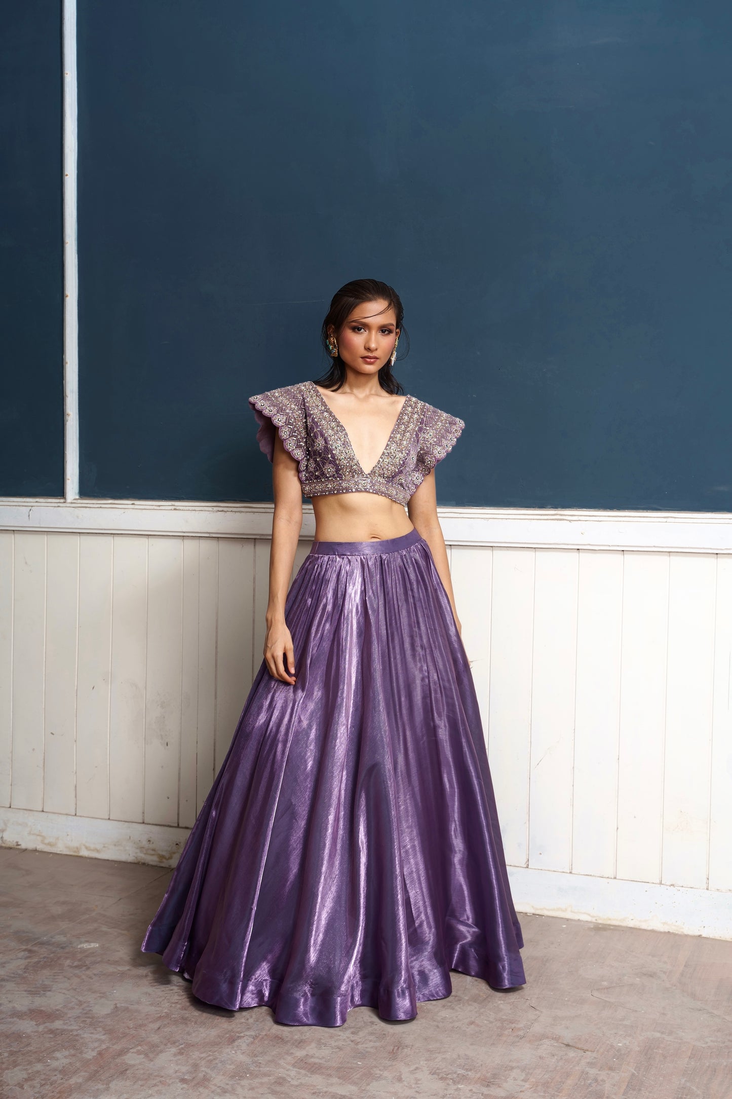Caelum-Nakshatra Light Metallic Purple Hand Embroidered Lehenga