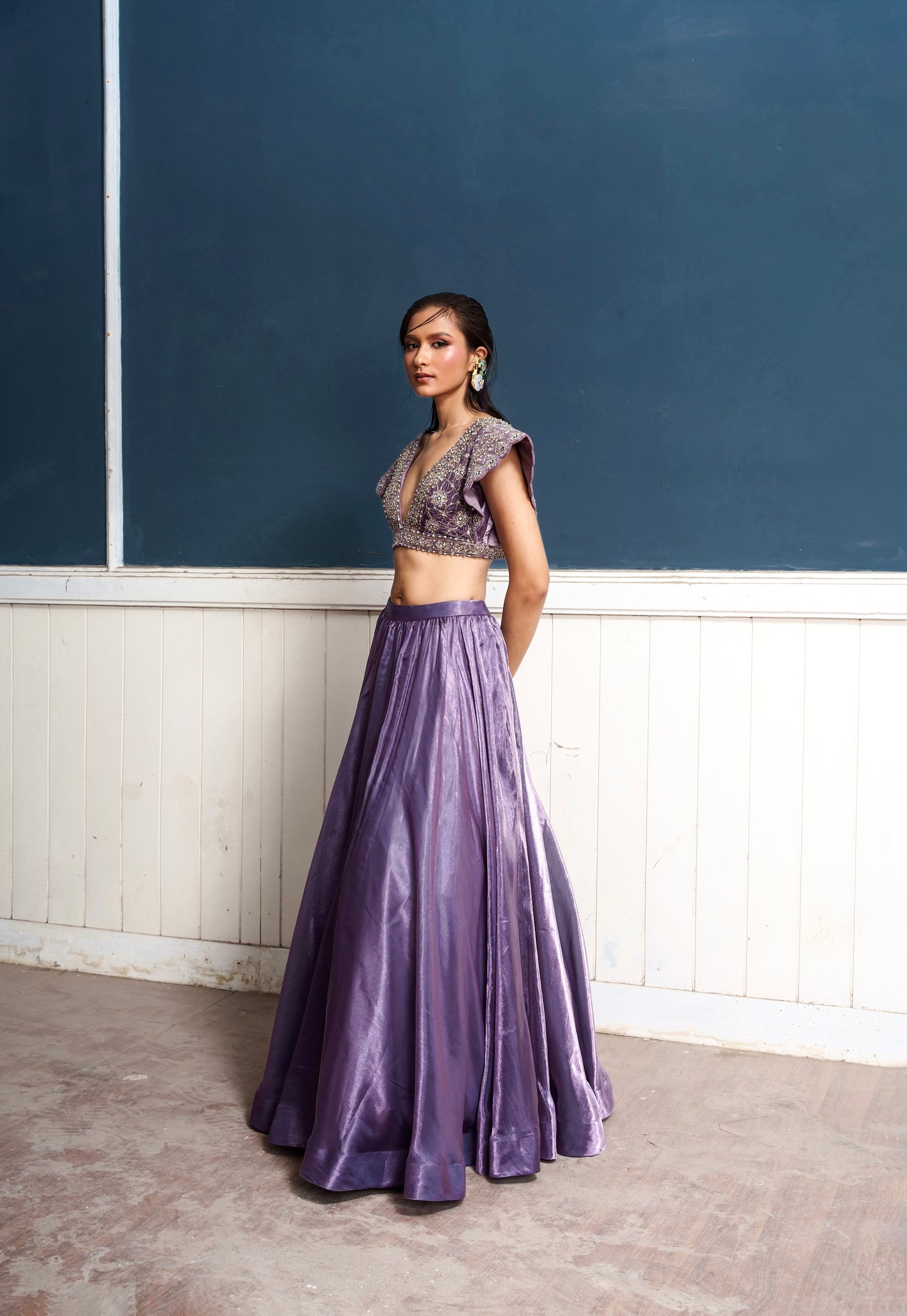 Caelum-Nakshatra Light Metallic Purple Hand Embroidered Lehenga