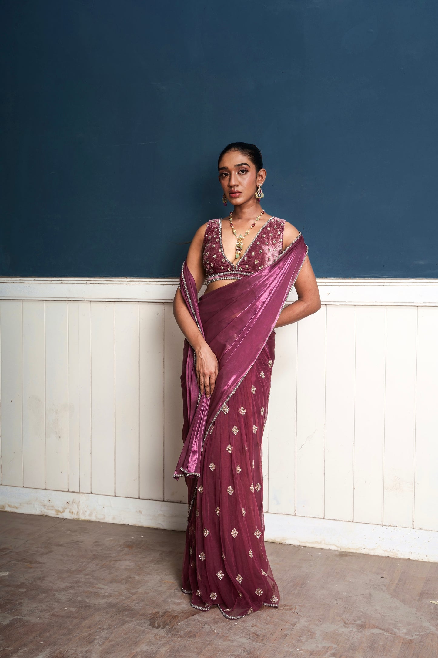 Traksh-Wine Shade Embroidered Pre-Draped Saree