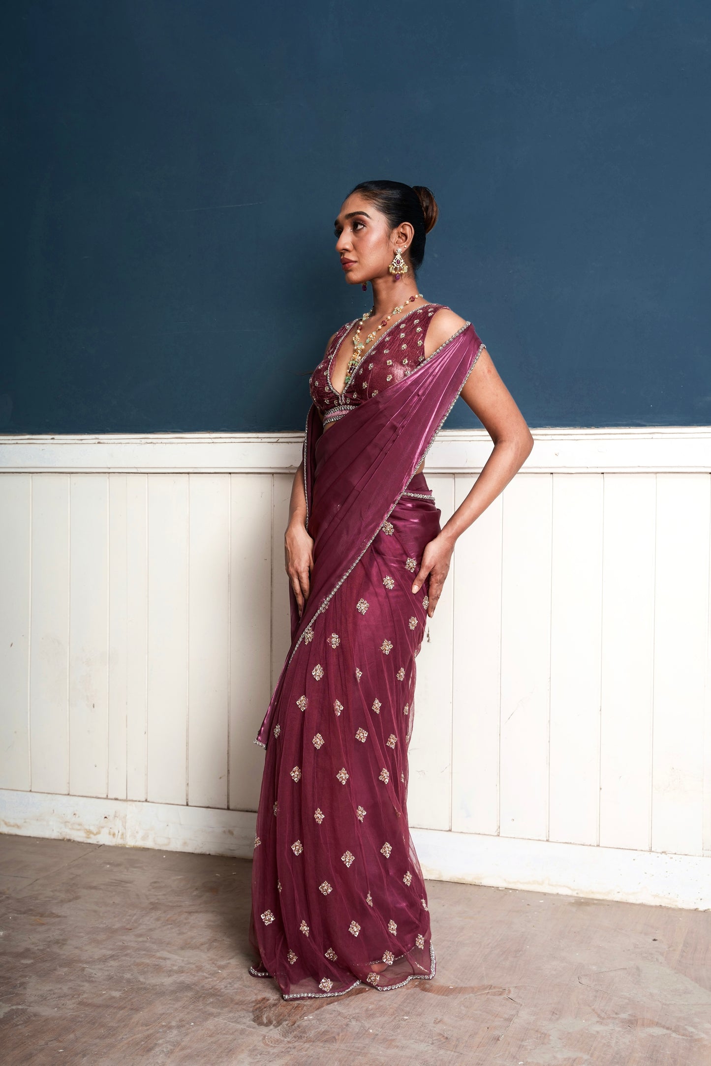 Traksh-Wine Shade Embroidered Pre-Draped Saree