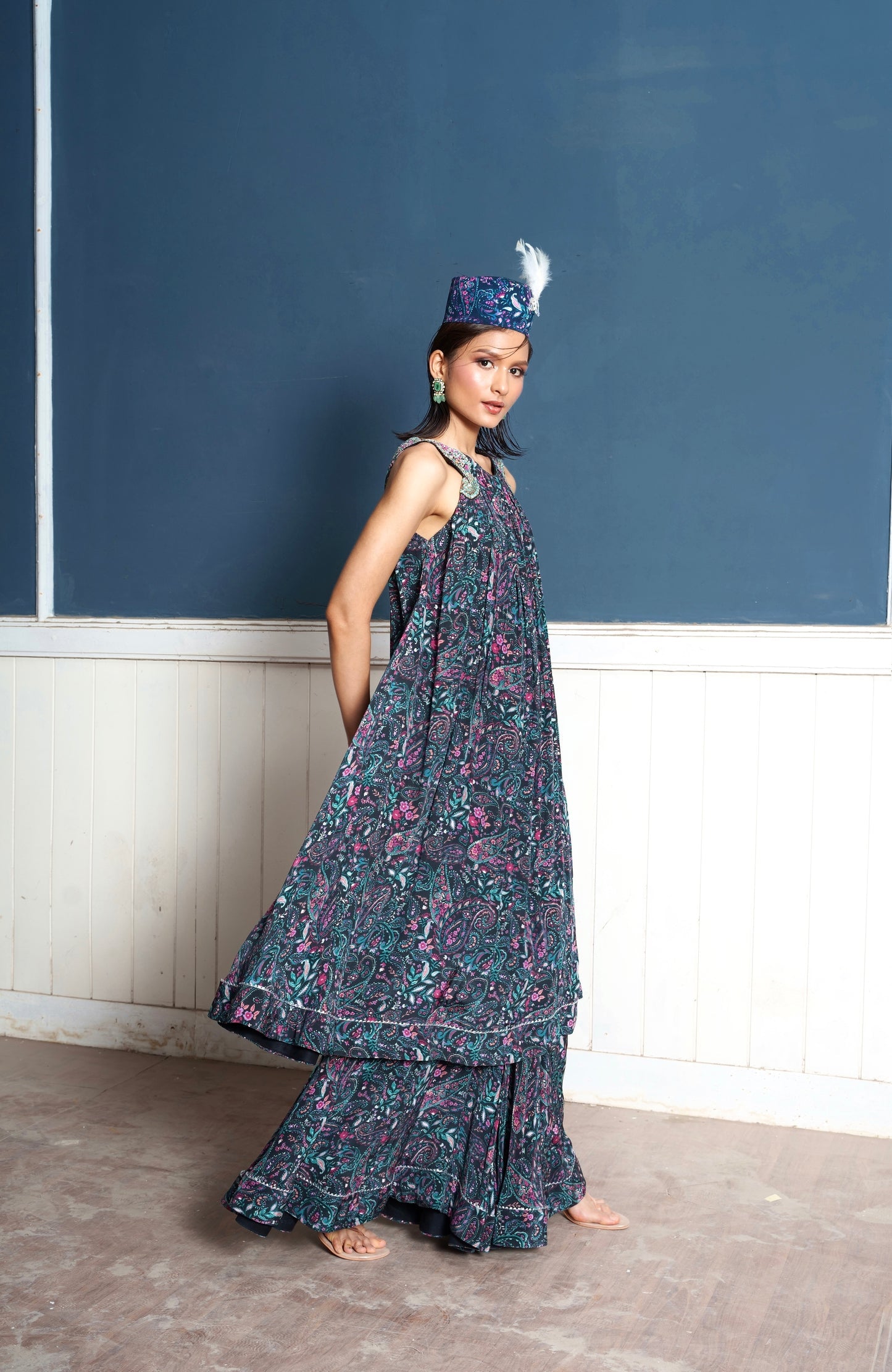 Paisley Embroidered Midnight Printed Palazzo Suit Dress