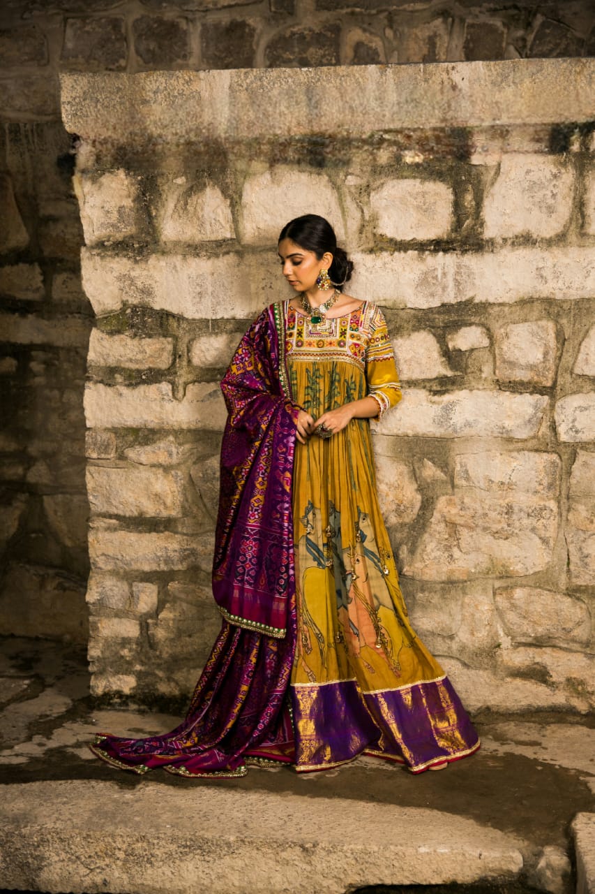 Nazaakat-Marigold Yellow Kalamkari Anarkali Set