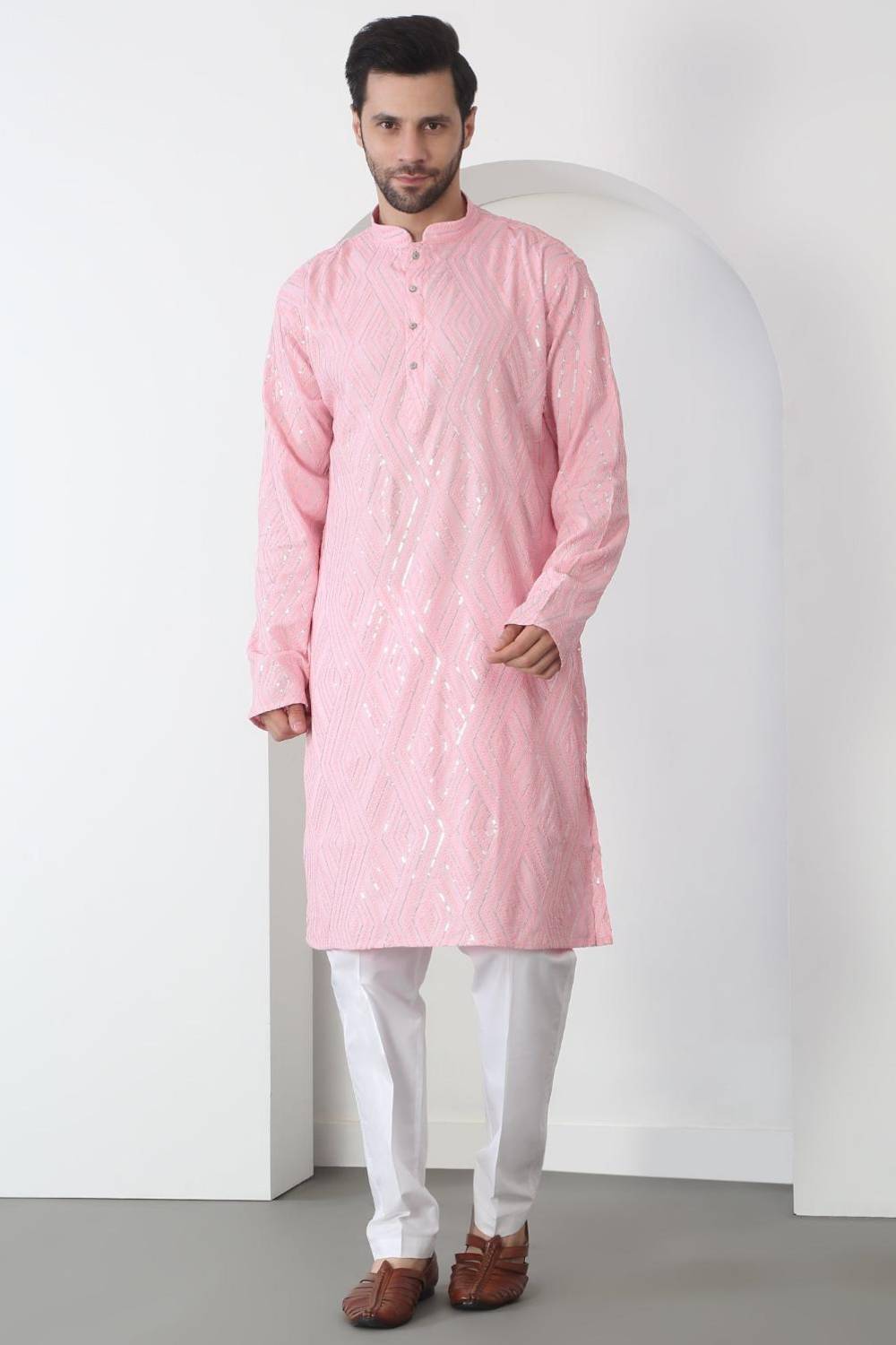 Chandra Barfi Pastel Pink Cotton Embroidered Thread Barfi Kurta Set
