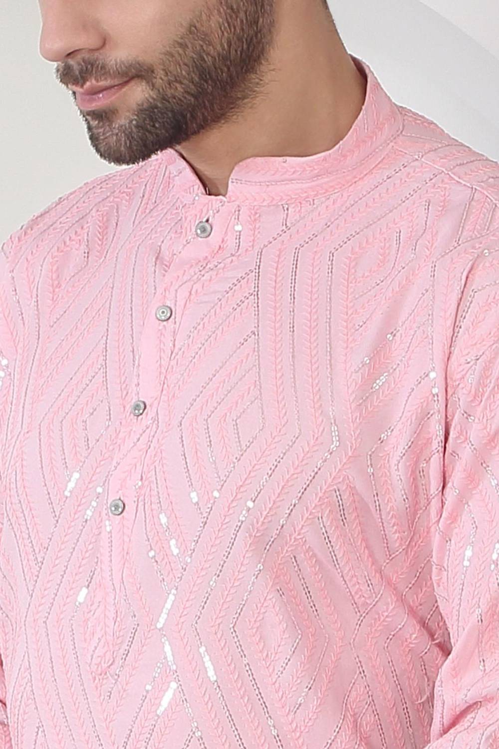 Chandra Barfi Pastel Pink Cotton Embroidered Thread Barfi Kurta Set