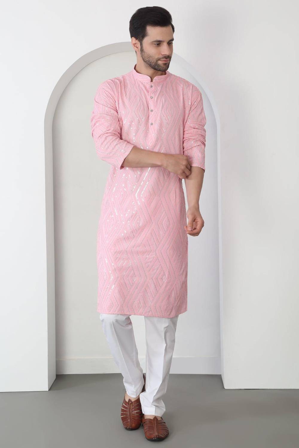 Chandra Barfi Pastel Pink Cotton Embroidered Thread Barfi Kurta Set