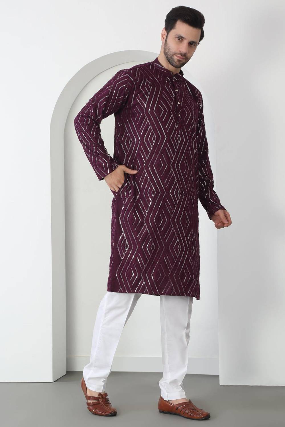 Chandra Barfi Wine Cotton Embroidered Thread Barfi Kurta Set