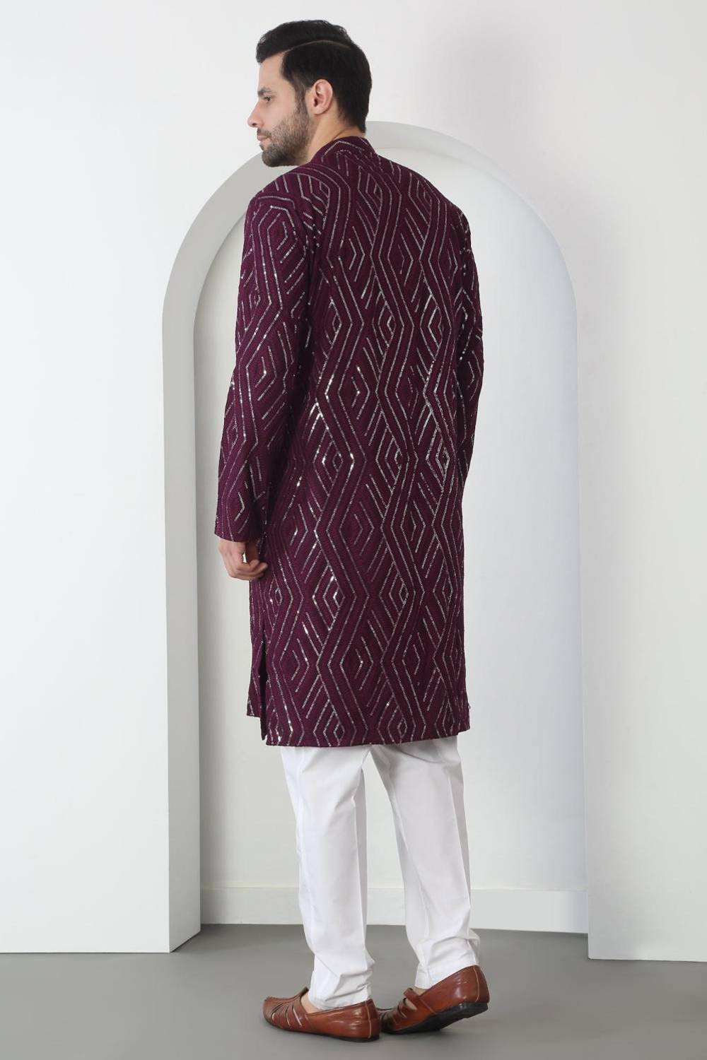 Chandra Barfi Wine Cotton Embroidered Thread Barfi Kurta Set