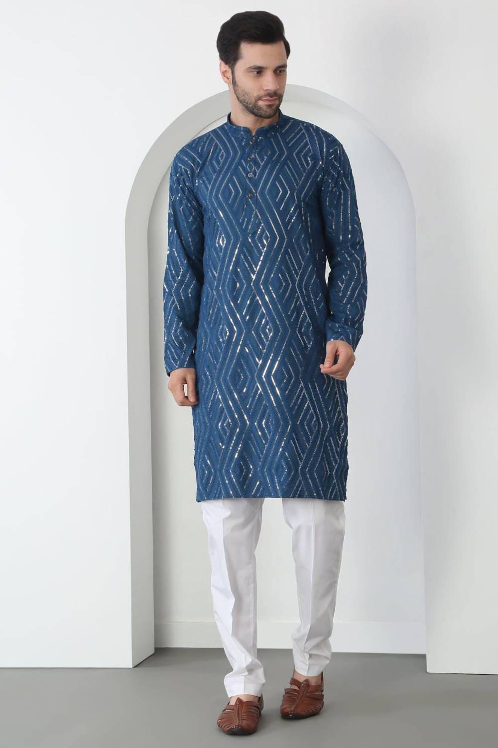 Chandra Barfi Blue Cotton Embroidered Thread Barfi Kurta Set