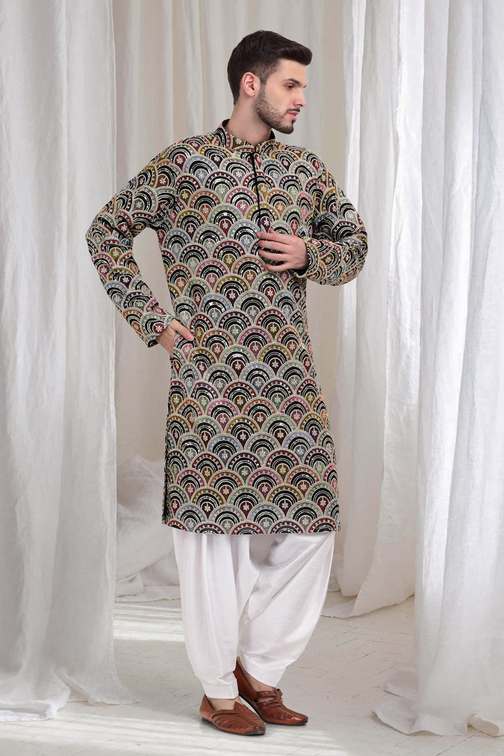 Chandravali Multi Color Scallop FloralKurta With Patiala - Black