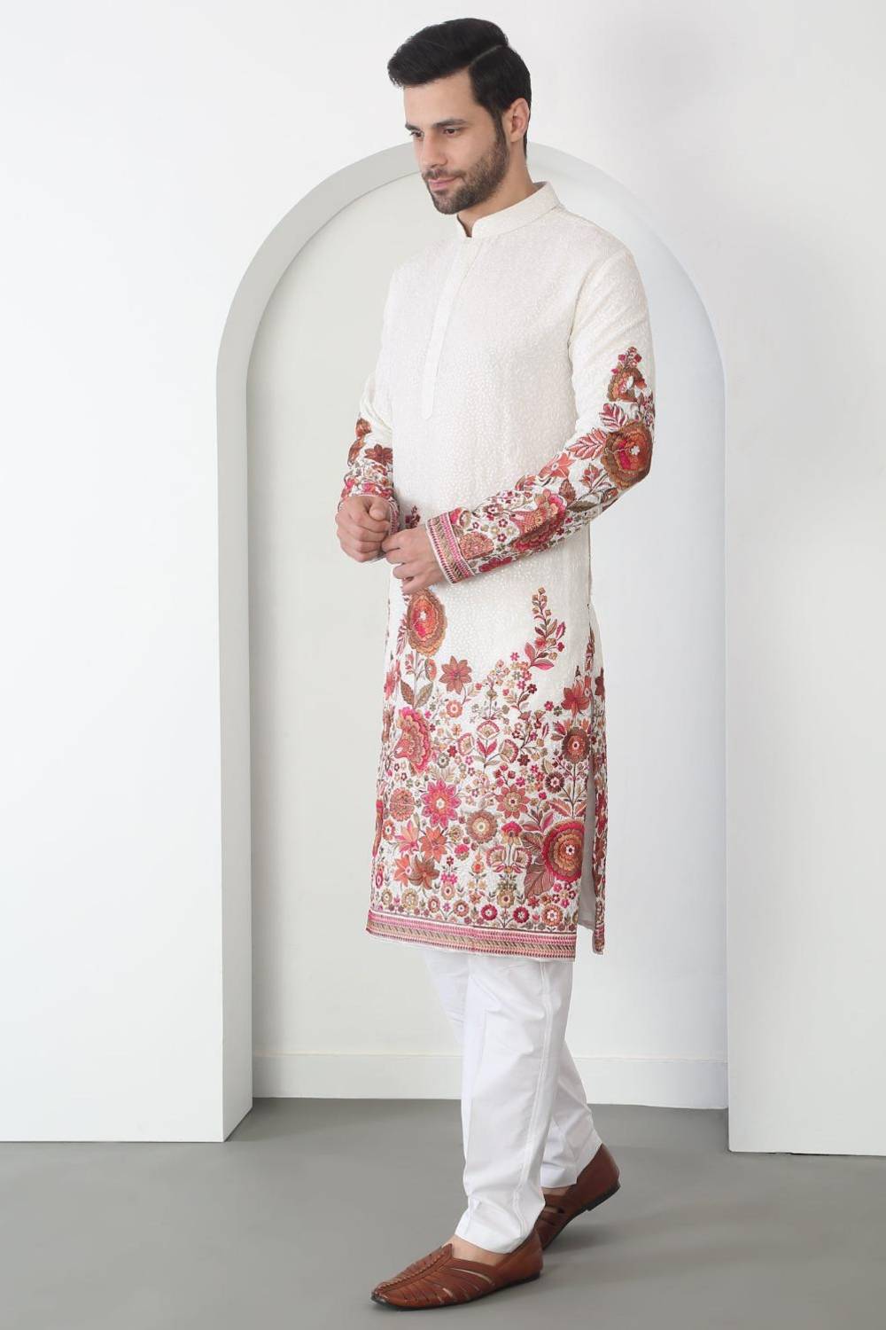 Kalki White Cotton Embroidered Floral Thread Kurta Set