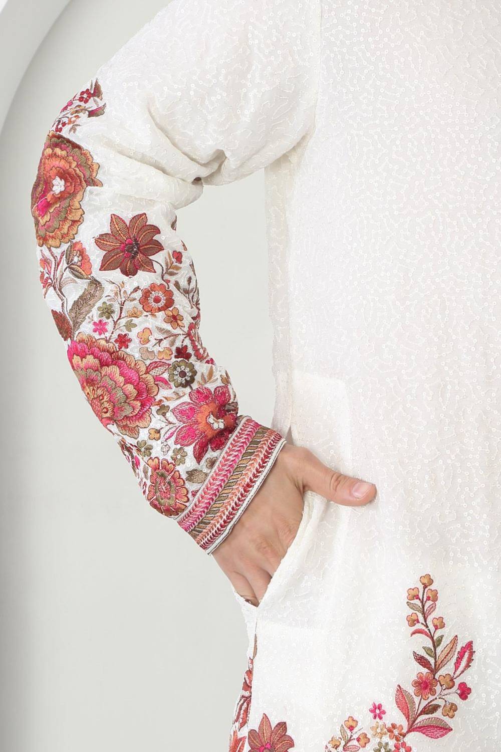 Kalki White Cotton Embroidered Floral Thread Kurta Set