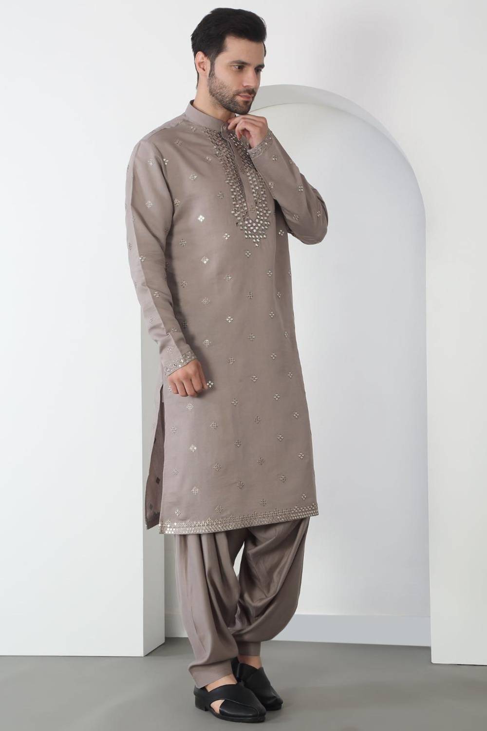 Aham Grey Cotton Embroidered Thread Grey Mirror Kurta Patiala Set