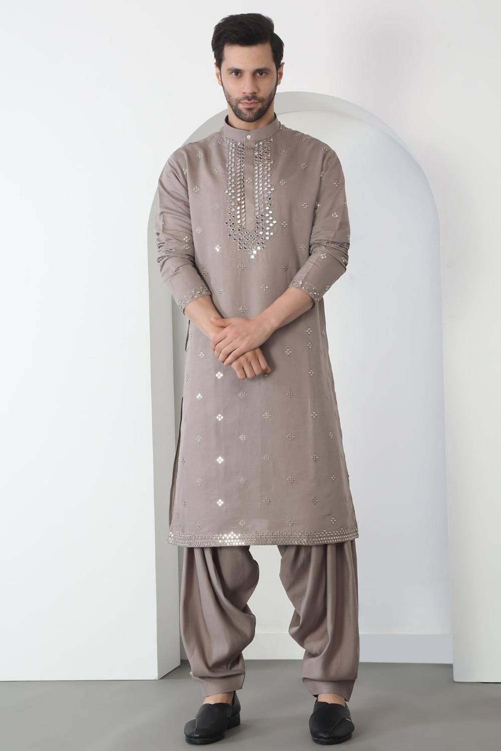 Aham Grey Cotton Embroidered Thread Grey Mirror Kurta Patiala Set