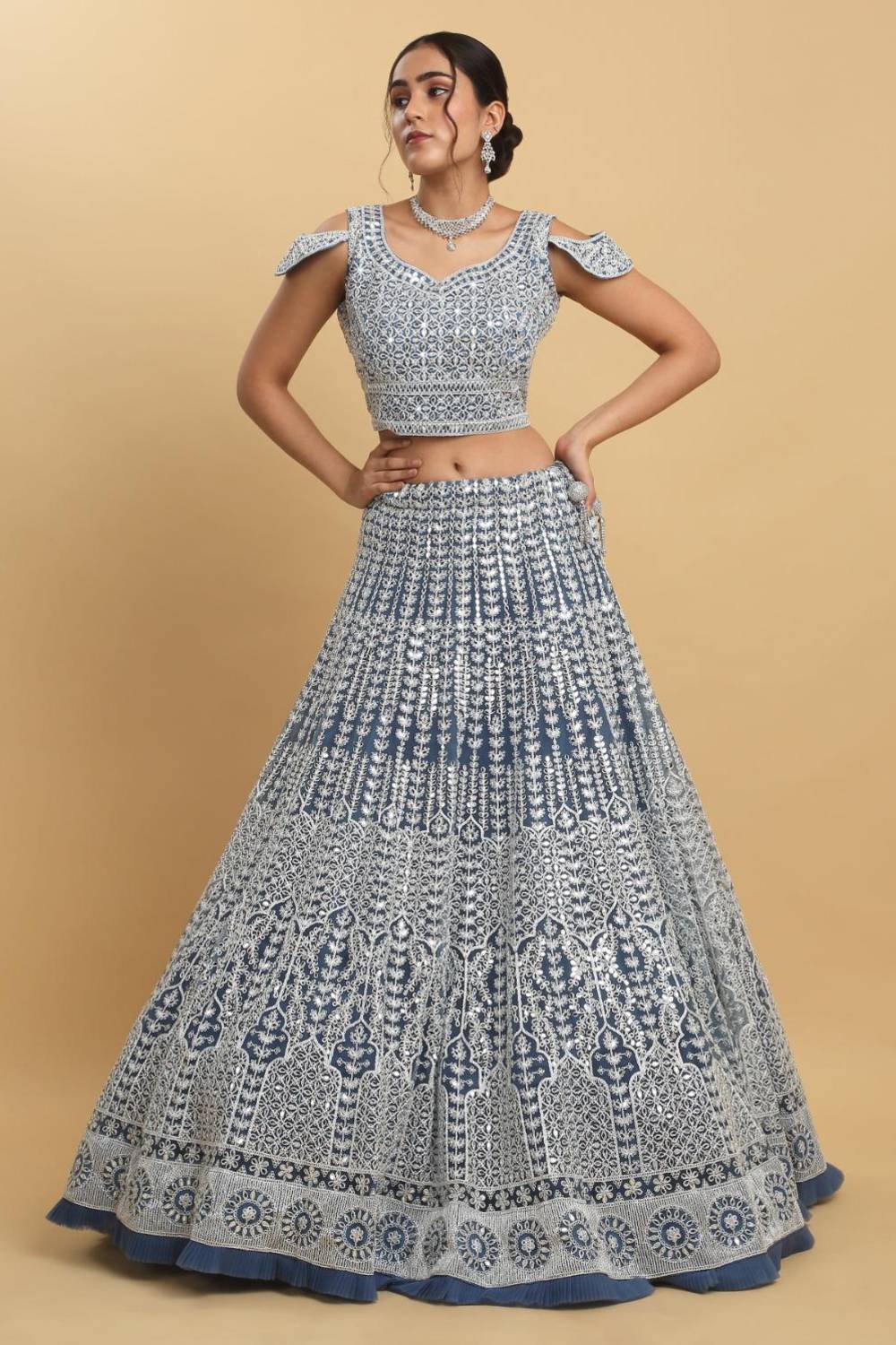 Suhana Mirror Embroidered Leaf Neck Lehenga Set