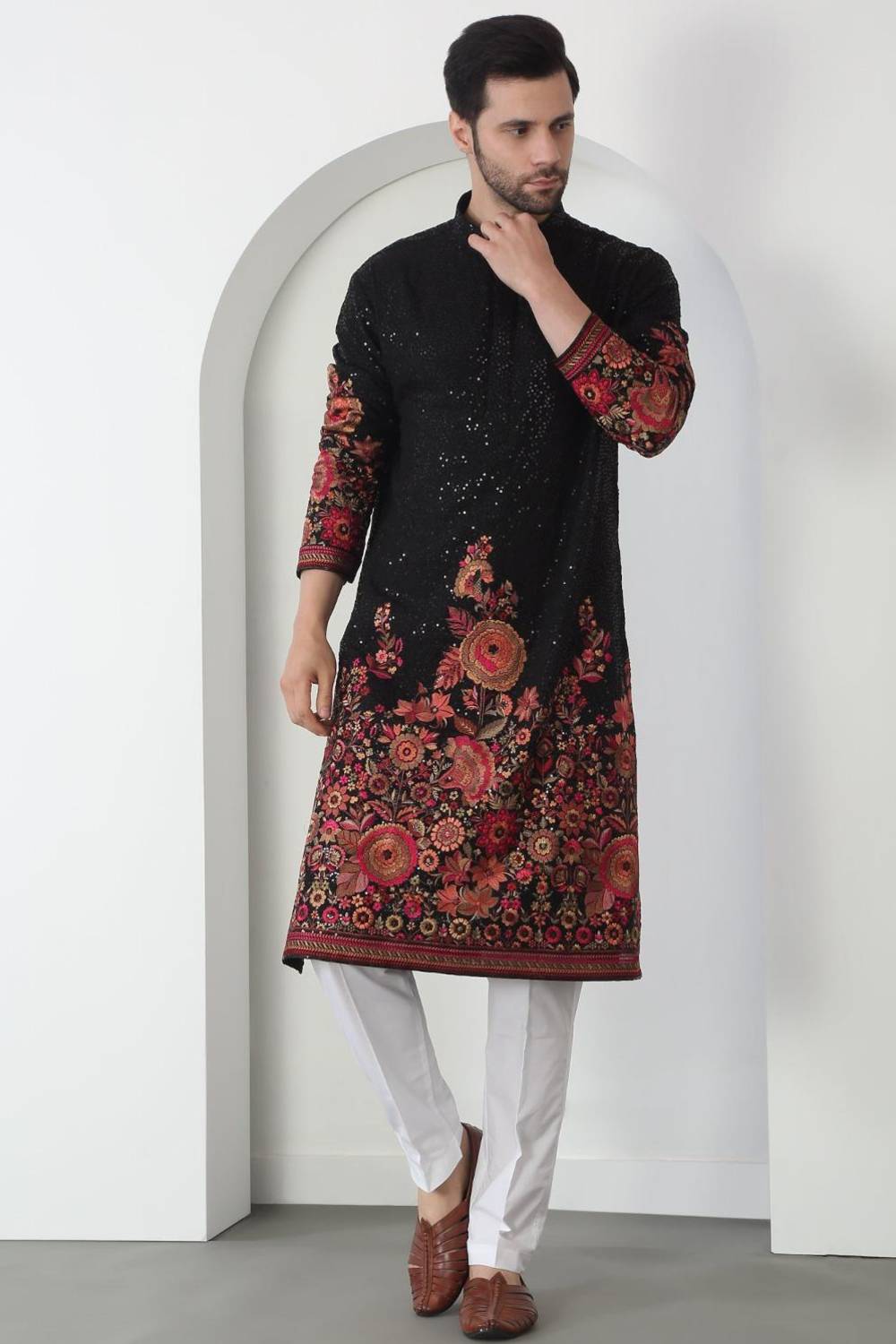 Kalki Black Cotton Embroidered Floral Kurta Set