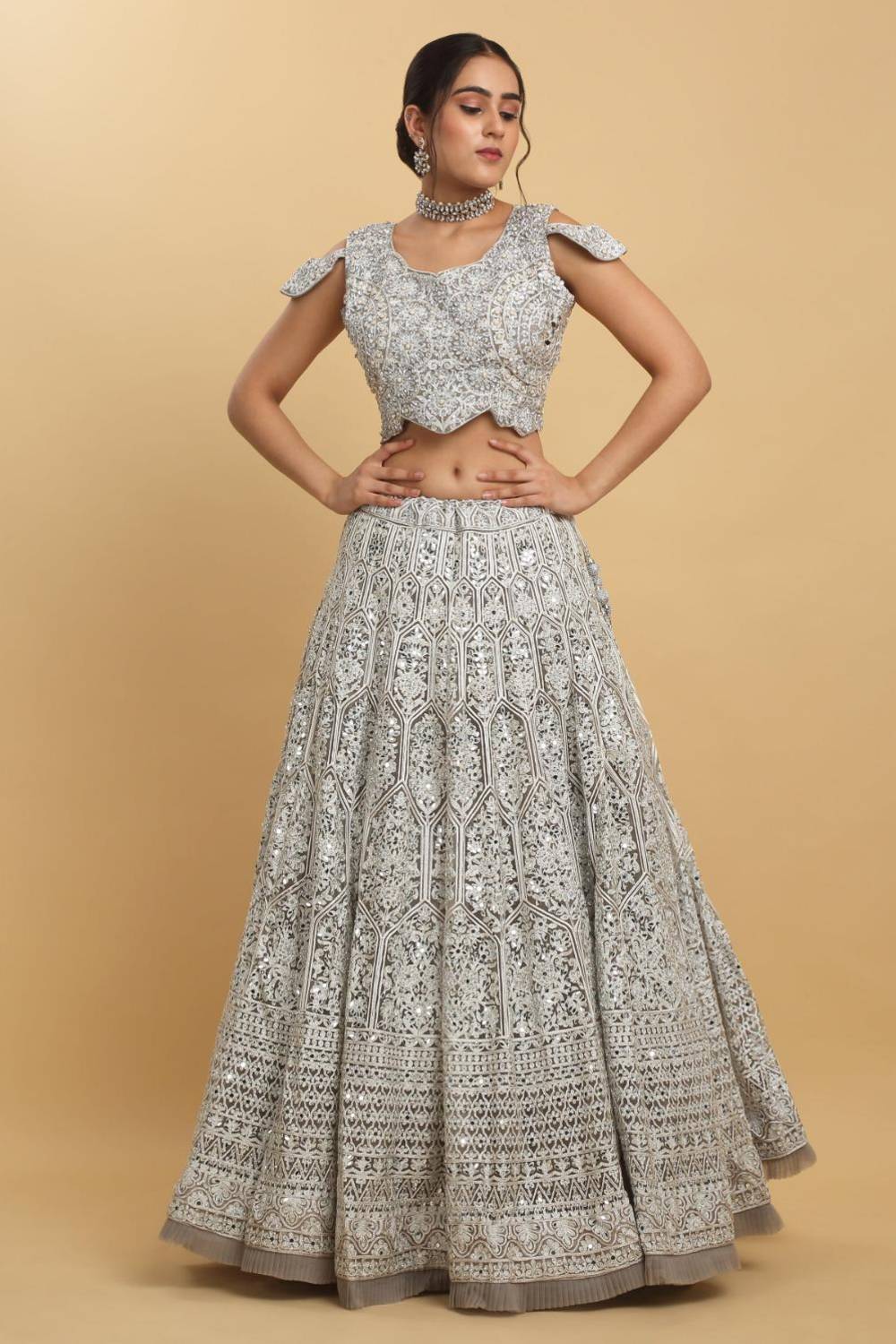 Chandra Kiran Silver Mirror Embroidered Lehenga Set
