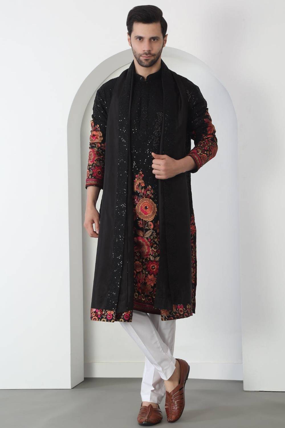 Kalki Black Cotton Embroidered Floral Kurta Set