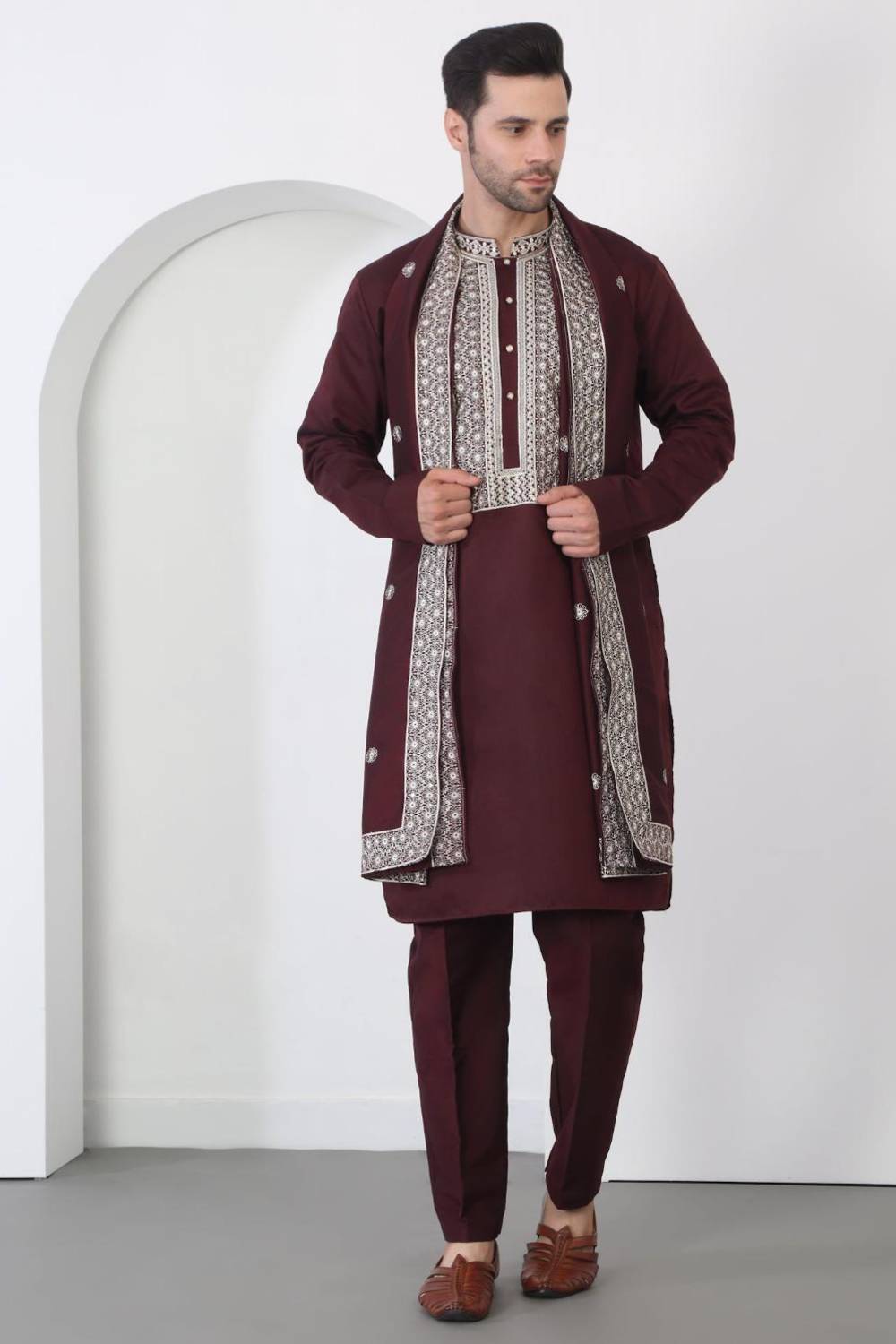 Nawaab Embroidered Kurta Dupatta Pants Set - Dark Wine