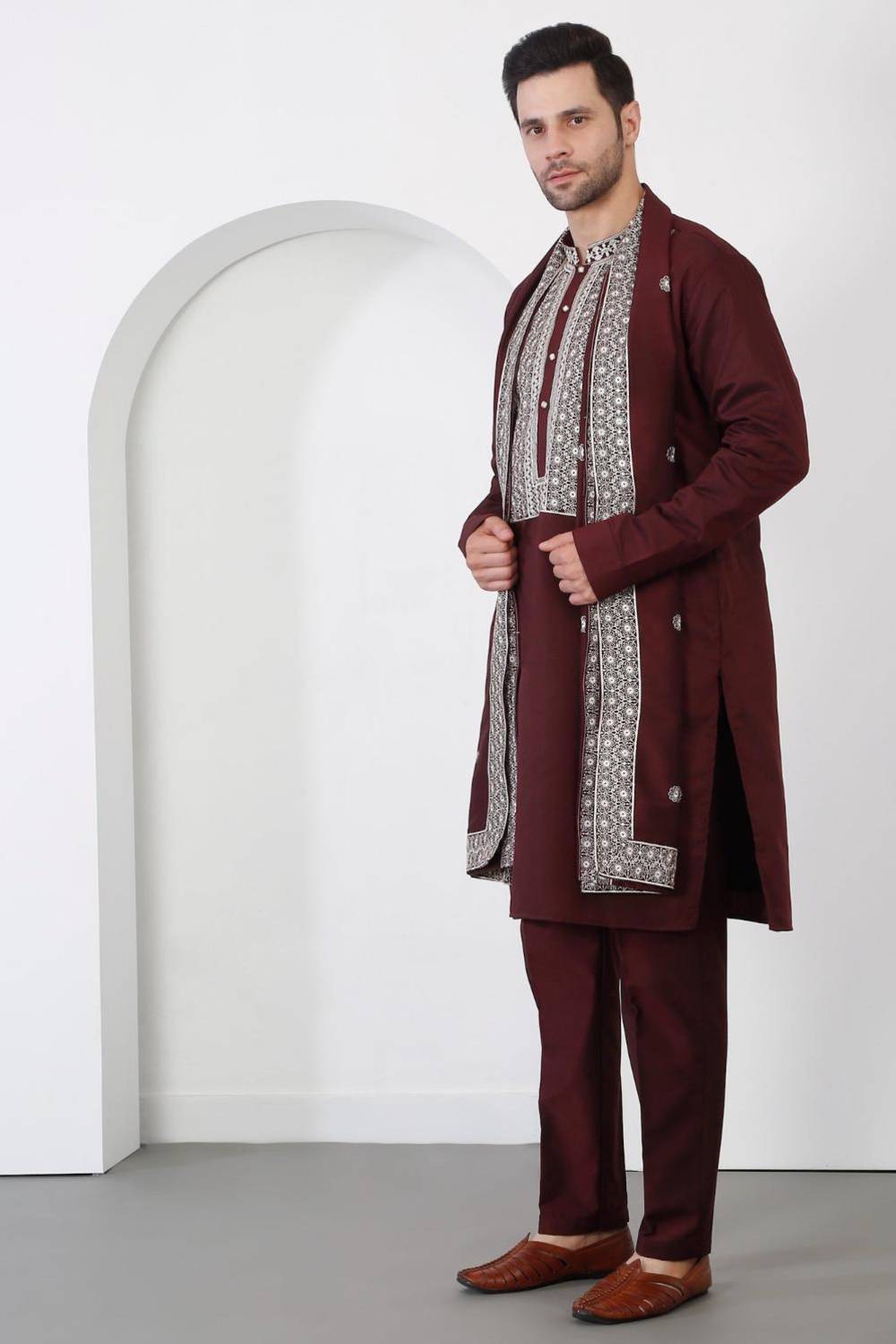 Nawaab Embroidered Kurta Dupatta Pants Set - Dark Wine